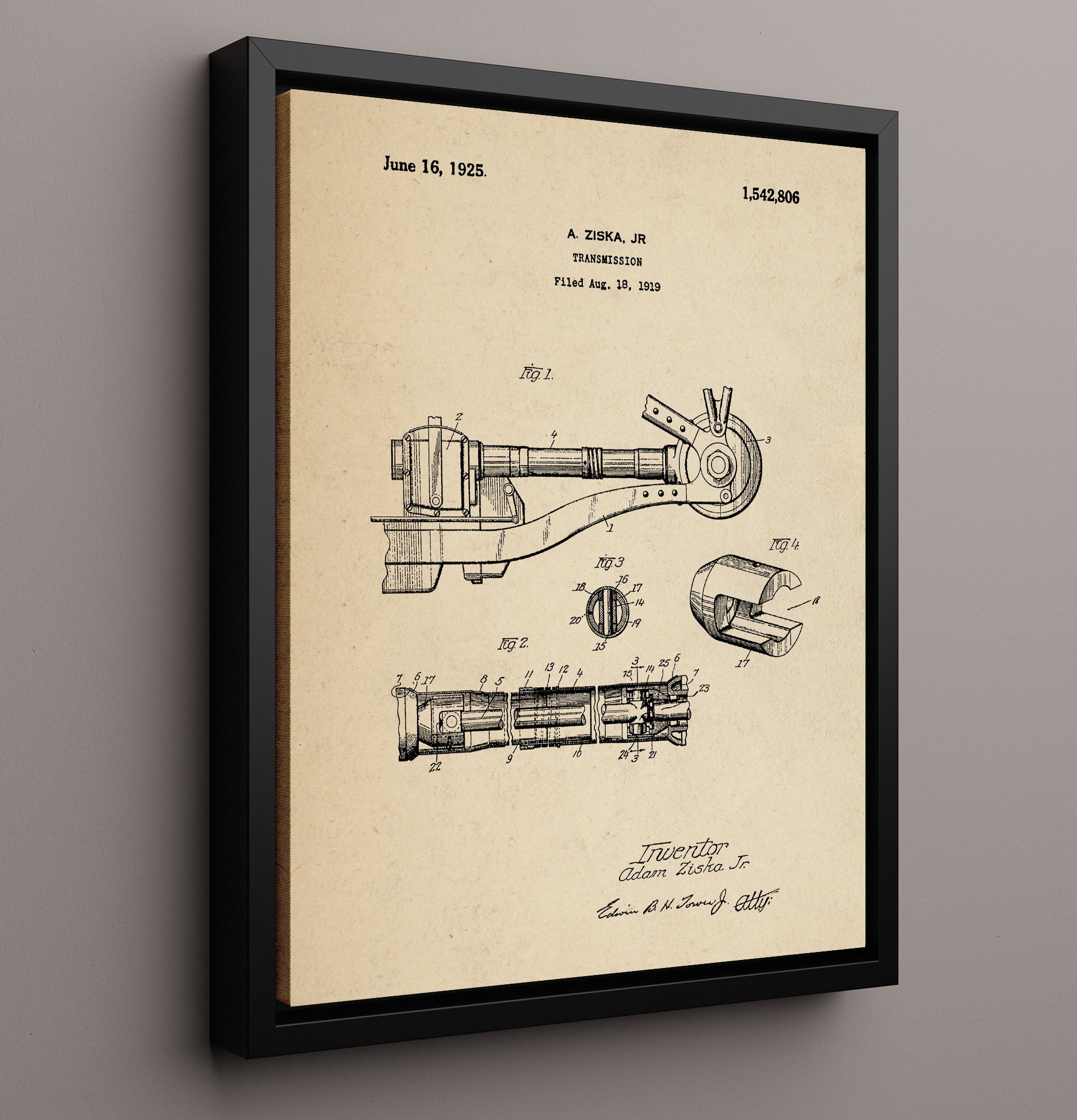 Patent Print - Transmission - Adam Ziska Jr - 1925 - Patent 1542806 Patent Wall Art