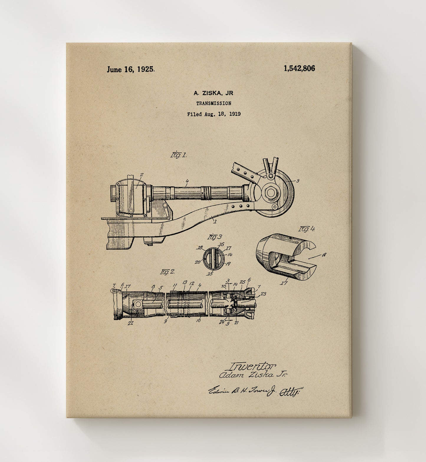 Patent Print - Transmission - Adam Ziska Jr - 1925 - Patent 1542806 Patent Wall Art