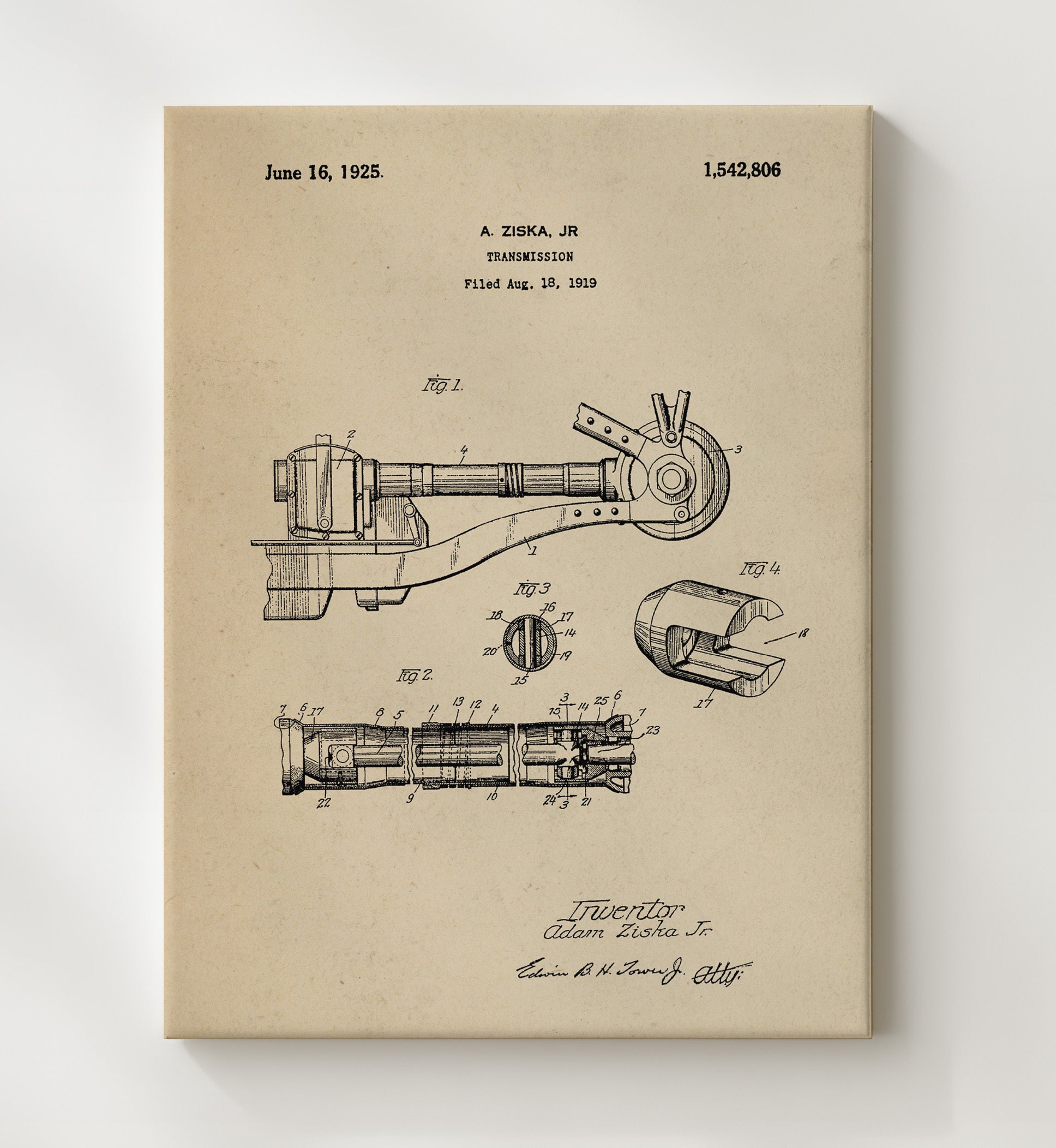 Patent Print - Transmission - Adam Ziska Jr - 1925 - Patent 1542806 Patent Wall Art