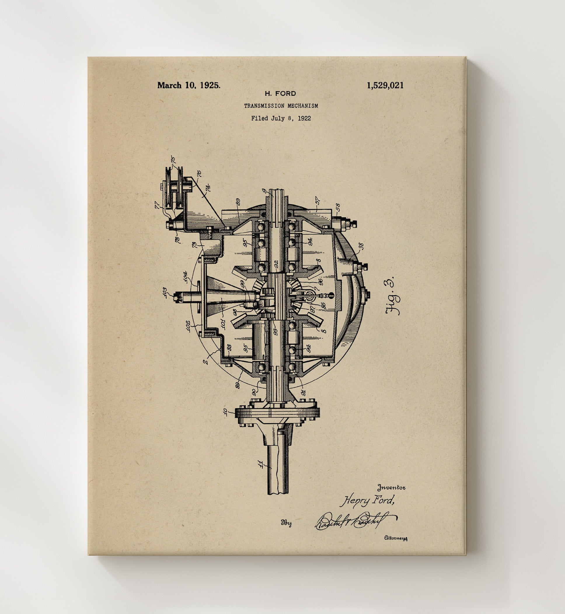 Patent Print - Transmission Mechanism - Henry Ford - 1925 - Patent 1529021 Patent Wall Art
