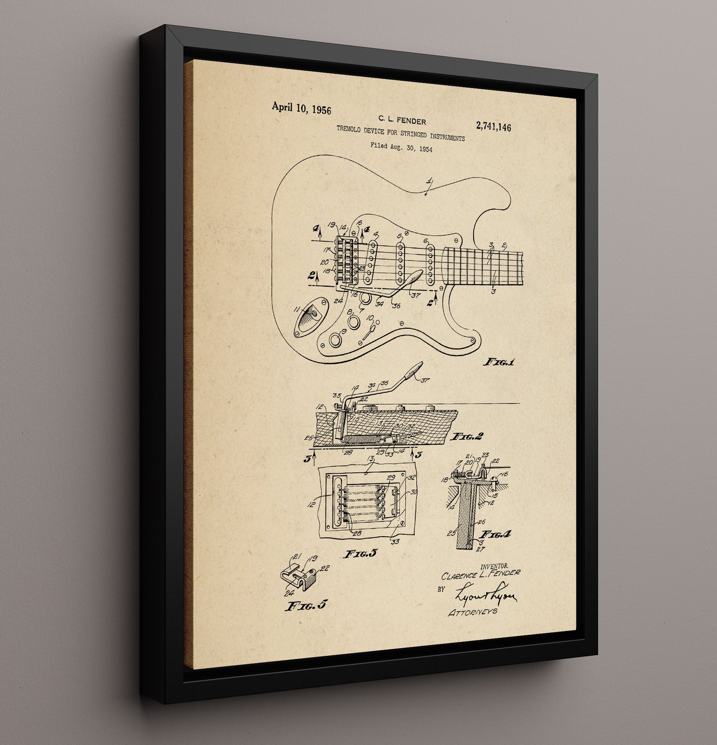 Patent Print - Tremolo Device For Stringed Instruments - Clarence L. Fender - 1956 - Patent 2741146 Patent Wall Art