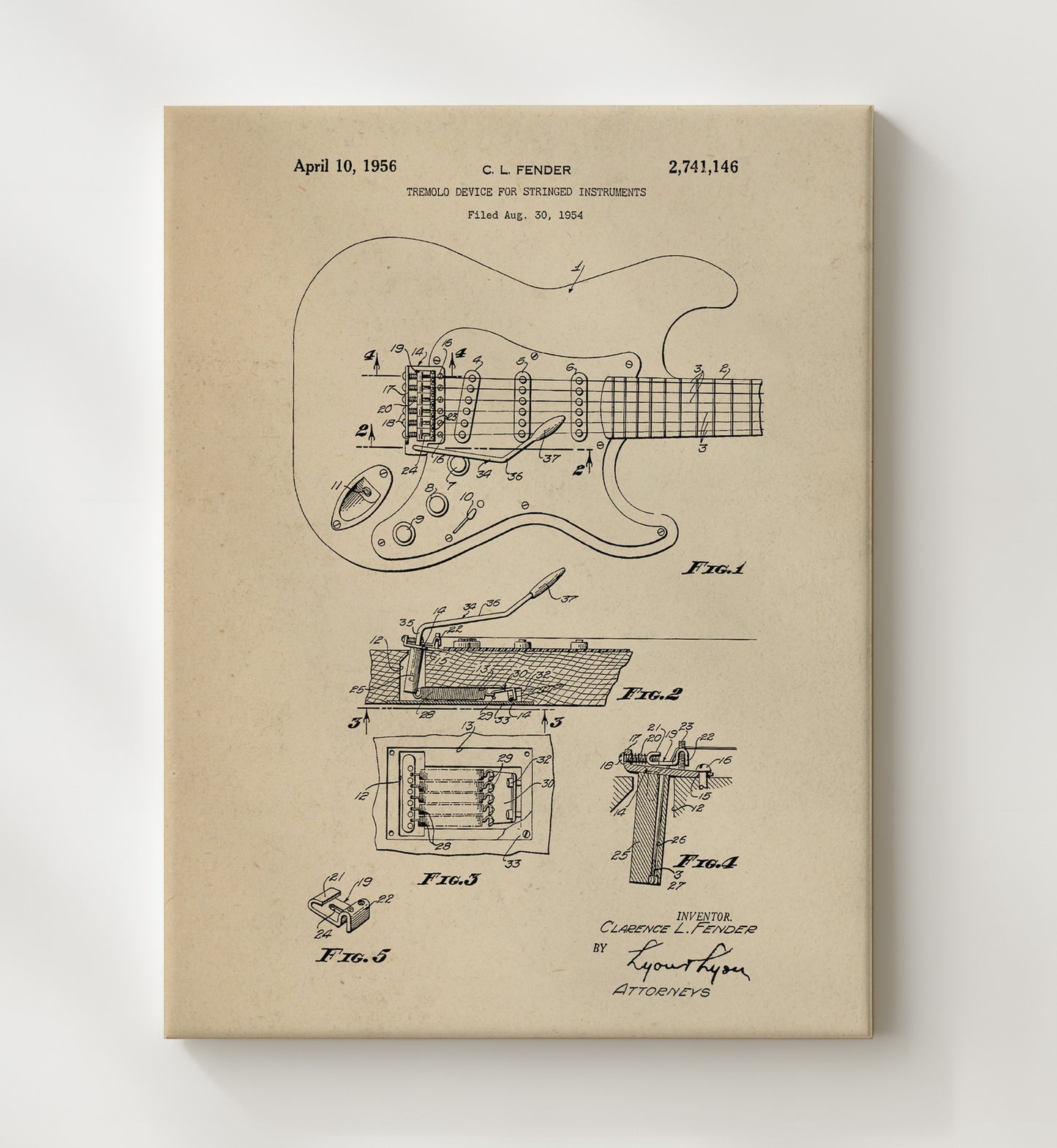 Patent Print - Tremolo Device For Stringed Instruments - Clarence L. Fender - 1956 - Patent 2741146 Patent Wall Art