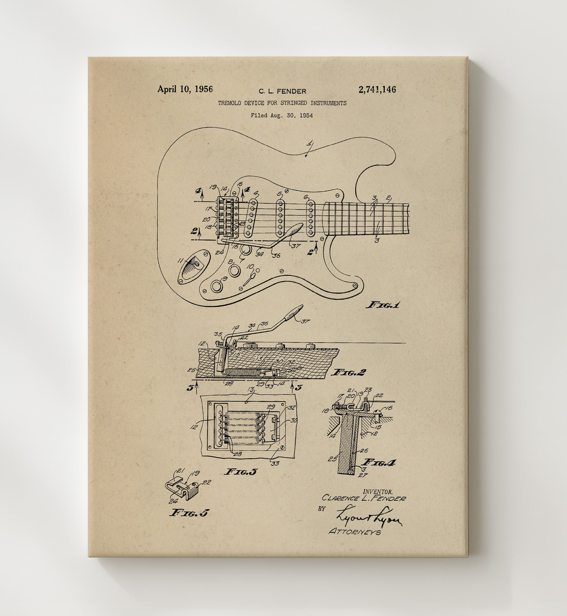 Patent Print - Tremolo Device For Stringed Instruments - Clarence L. Fender - 1956 - Patent 2741146 Patent Wall Art