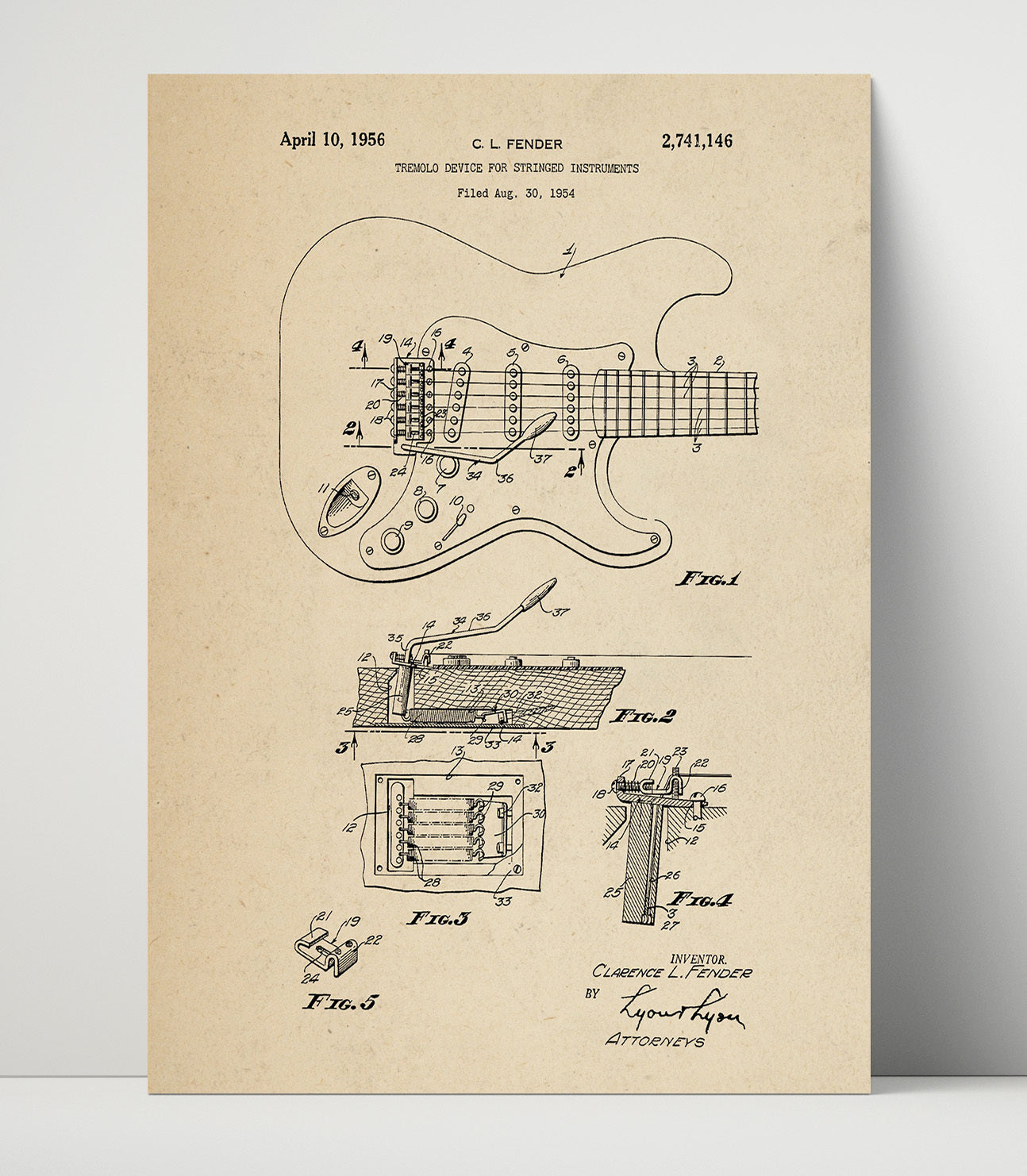 Patent Print - Tremolo Device For Stringed Instruments - Clarence L. Fender - 1956 - Patent 2741146 Patent Wall Art