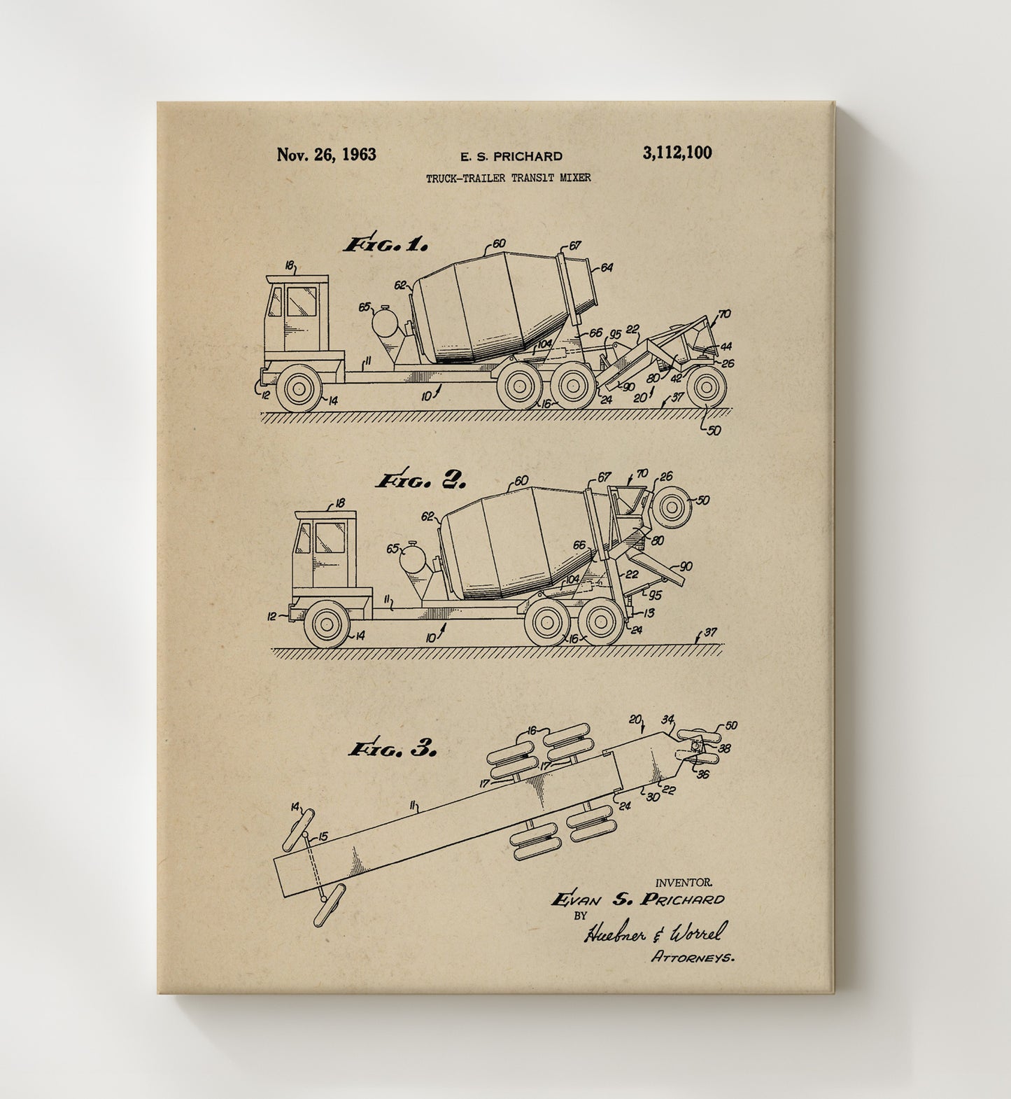Patent Print - Truck-Trailer Transit Mixer - Evan S Prichard - 1963 - Patent 3112100 Patent Wall Art