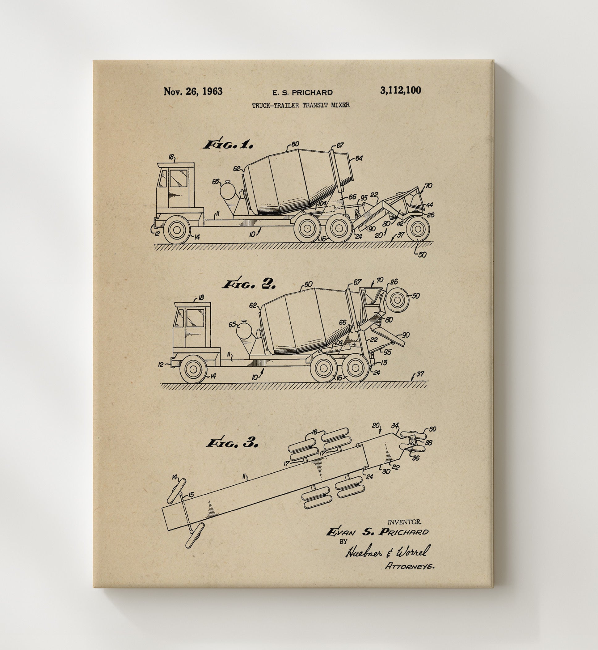 Patent Print - Truck-Trailer Transit Mixer - Evan S Prichard - 1963 - Patent 3112100 Patent Wall Art