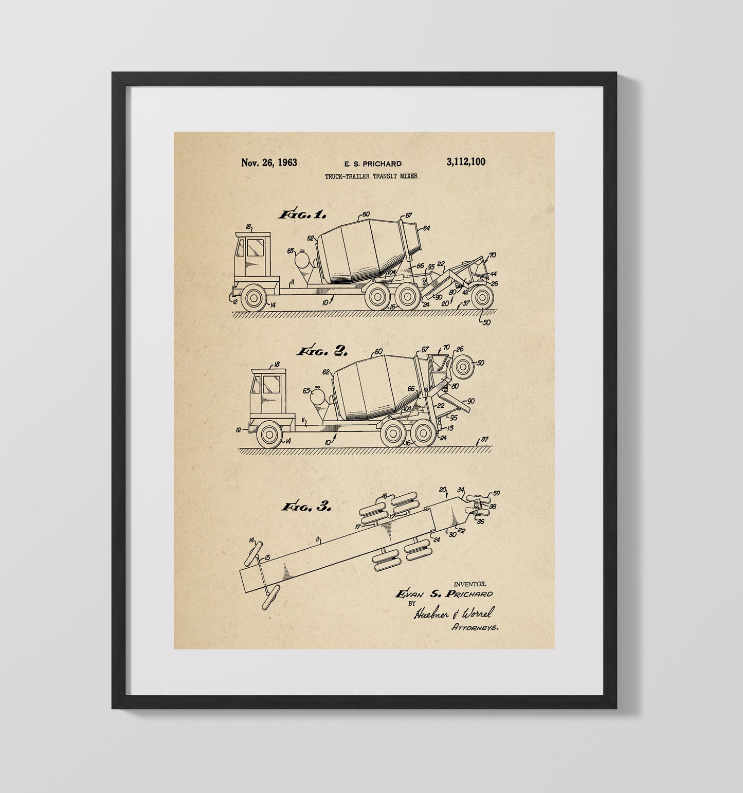 Patent Print - Truck-Trailer Transit Mixer - Evan S Prichard - 1963 - Patent 3112100 Patent Wall Art