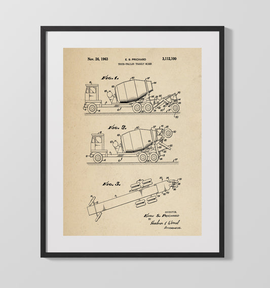 Truck-Trailer Transit Mixer - 1963 Patent - 16x20 Gallery Frame