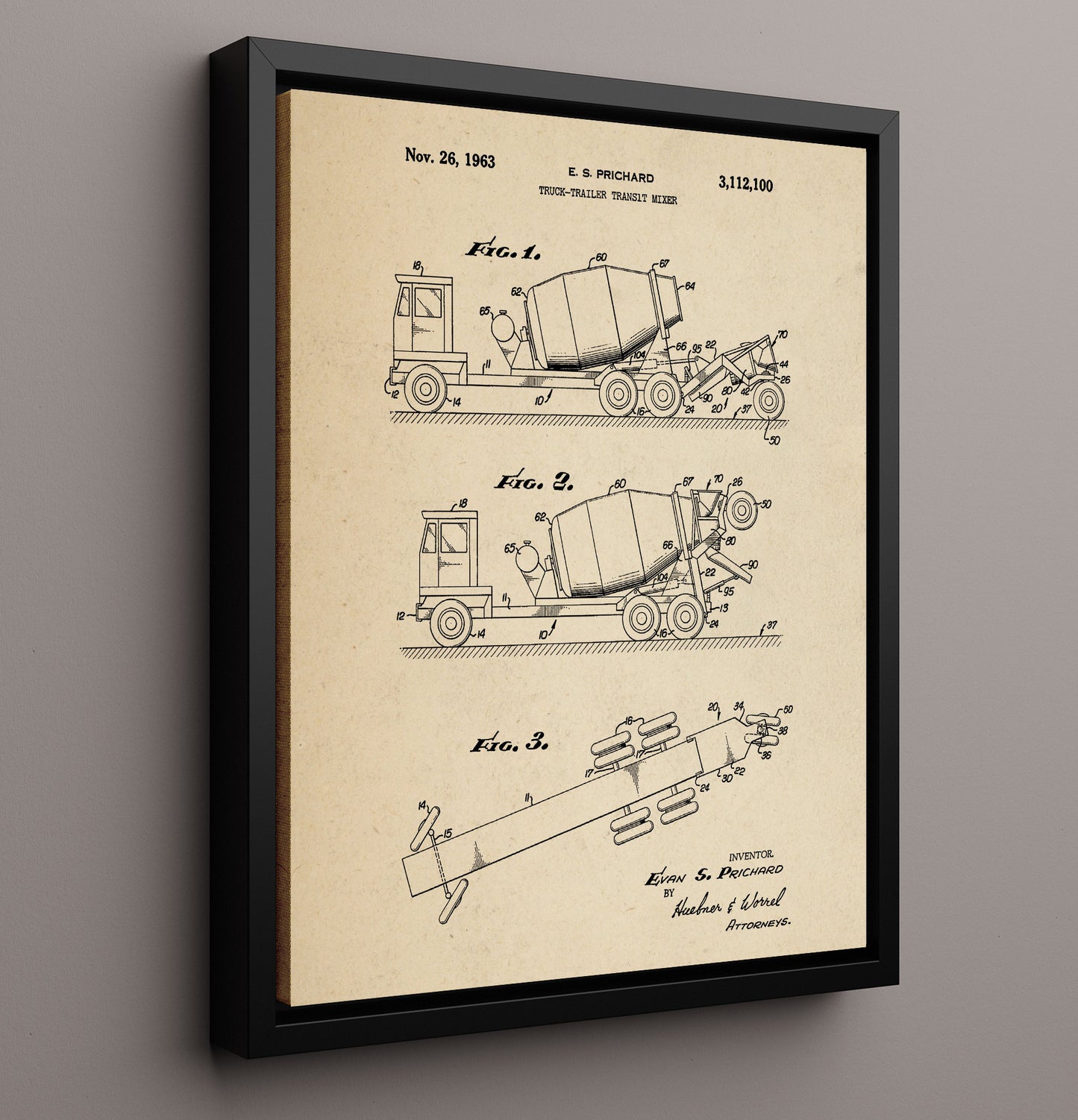 Patent Print - Truck-Trailer Transit Mixer - Evan S Prichard - 1963 - Patent 3112100 Patent Wall Art