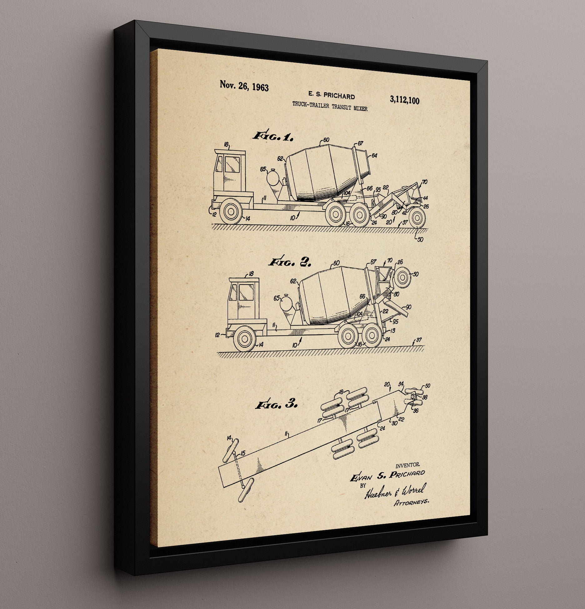 Patent Print - Truck-Trailer Transit Mixer - Evan S Prichard - 1963 - Patent 3112100 Patent Wall Art