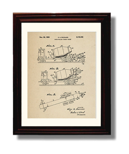 Patent Print - Truck-Trailer Transit Mixer - Evan S Prichard - 1963 - Patent 3112100 Patent Wall Art