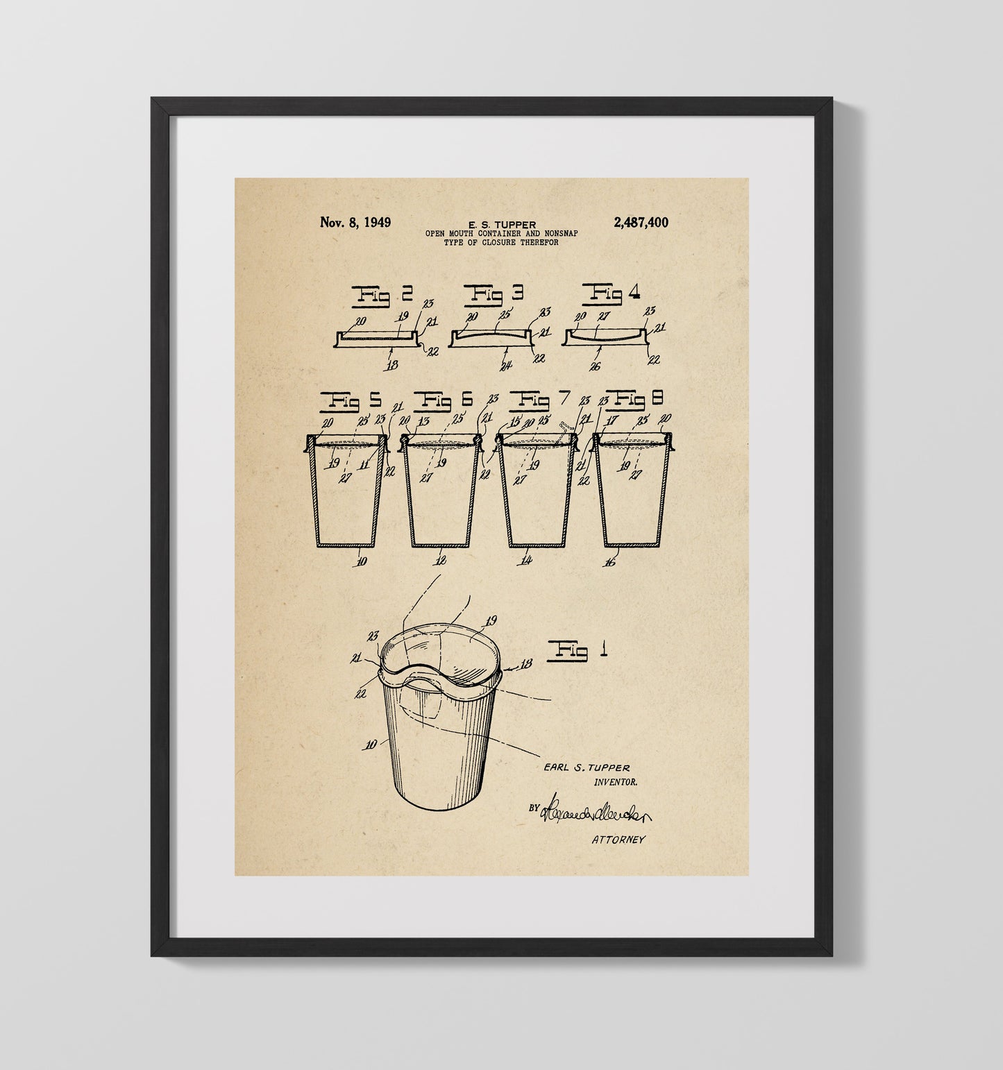 Patent Print - Tupperware Container Closure - Earl S Tupper - 1949 - Patent 2487400 Patent Wall Art