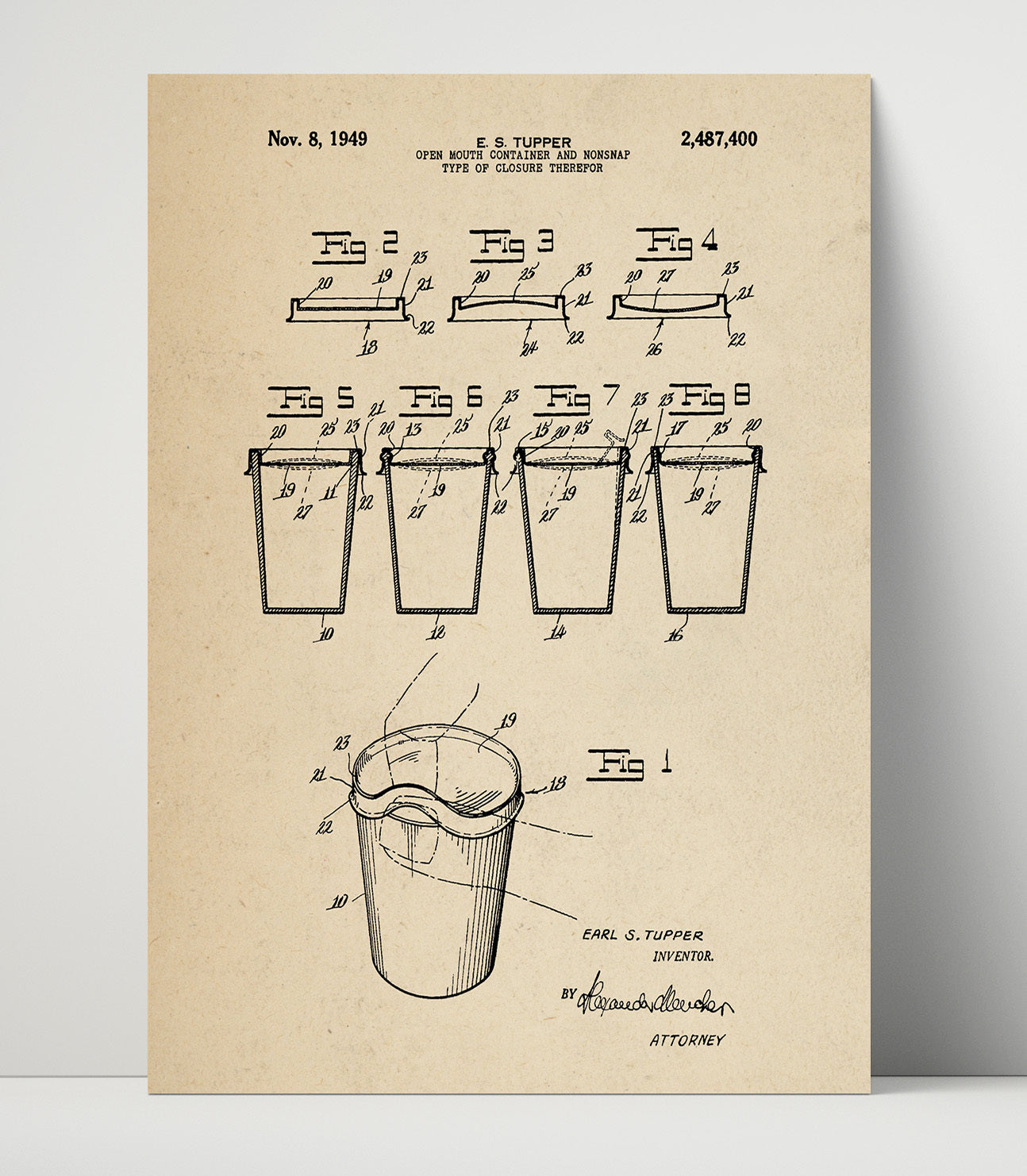 Patent Print - Tupperware Container Closure - Earl S Tupper - 1949 - Patent 2487400 Patent Wall Art