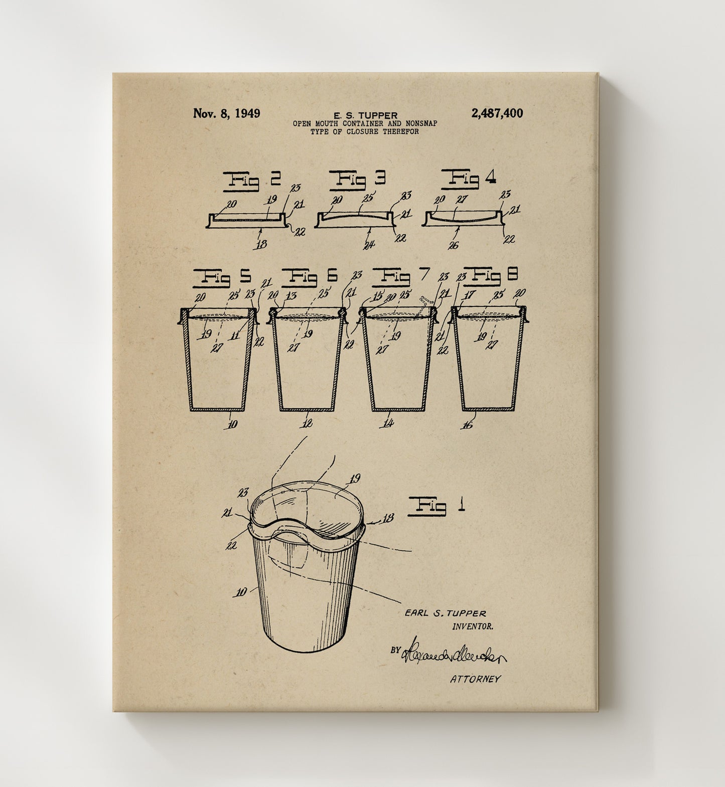 Patent Print - Tupperware Container Closure - Earl S Tupper - 1949 - Patent 2487400 Patent Wall Art