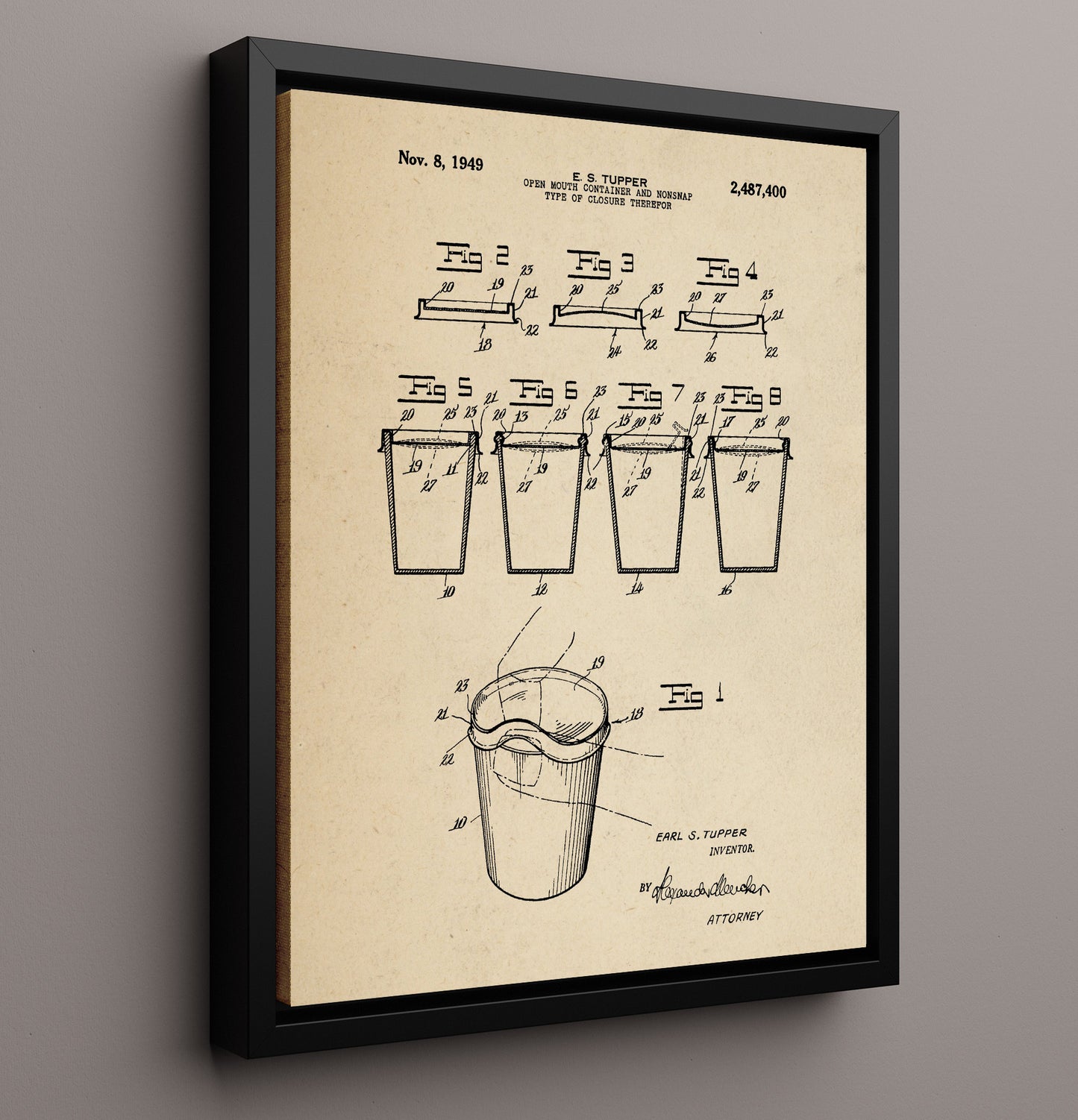 Patent Print - Tupperware Container Closure - Earl S Tupper - 1949 - Patent 2487400 Patent Wall Art