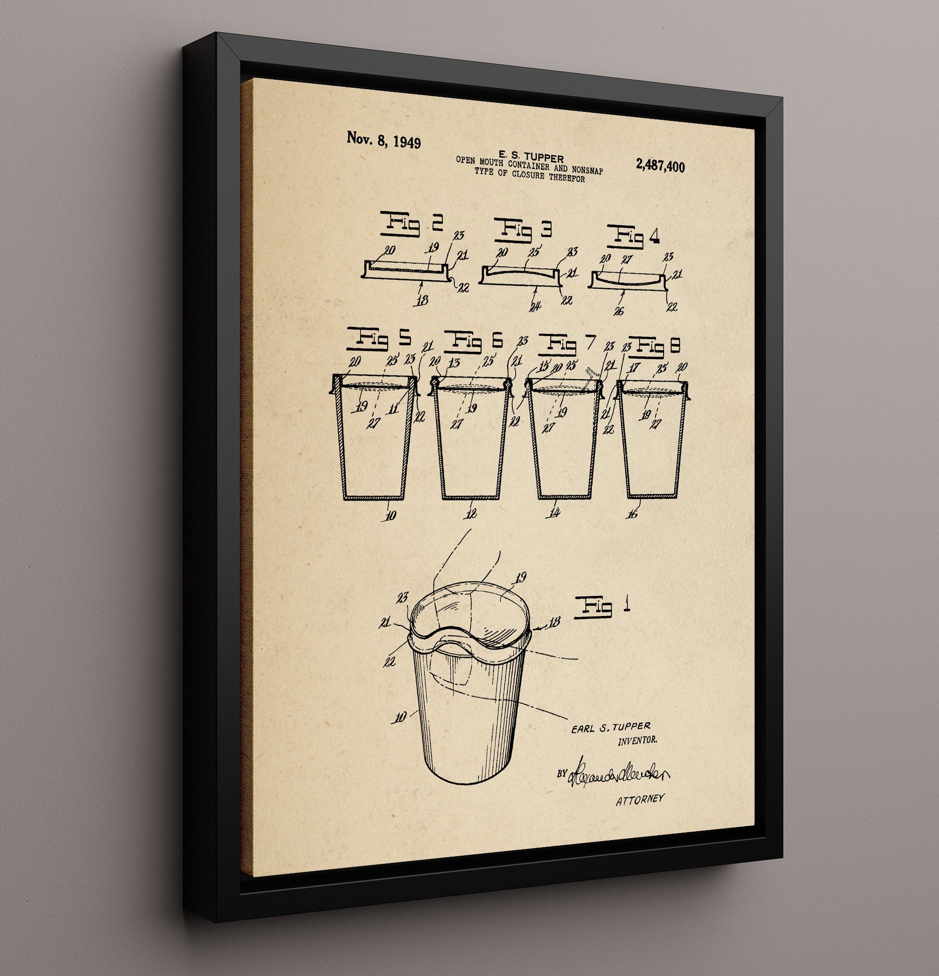 Patent Print - Tupperware Container Closure - Earl S Tupper - 1949 - Patent 2487400 Patent Wall Art