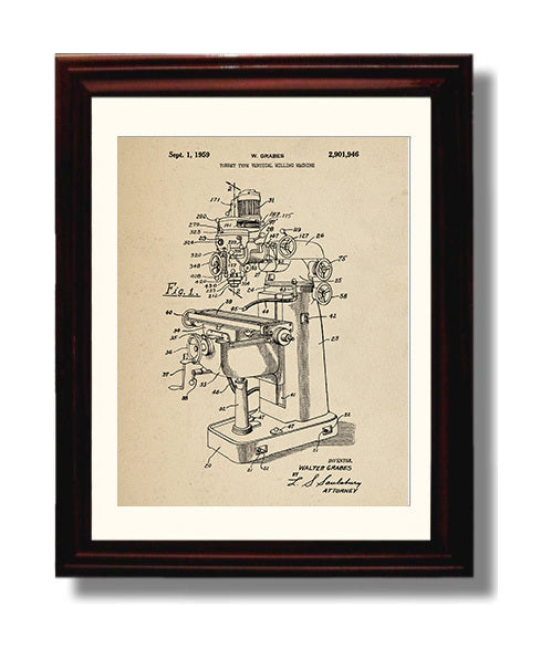 Patent Print - Turret Type Vertical Milling Machine - W. Grabes - 1959 - Patent 2901946 Patent Wall Art