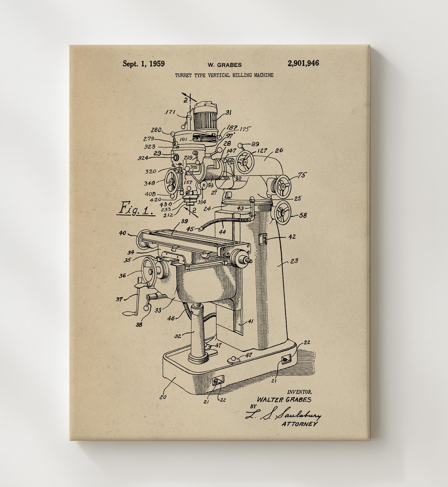 Patent Print - Turret Type Vertical Milling Machine - W. Grabes - 1959 - Patent 2901946 Patent Wall Art