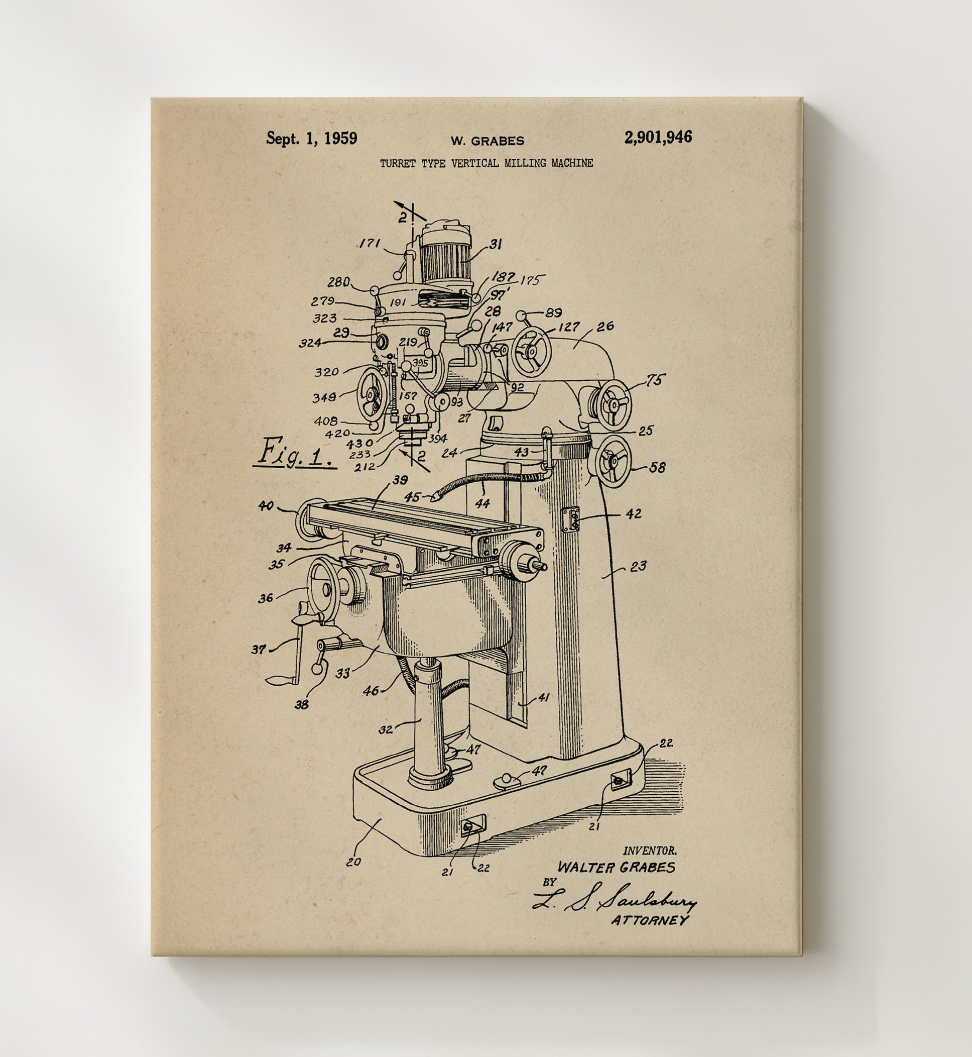 Patent Print - Turret Type Vertical Milling Machine - W. Grabes - 1959 - Patent 2901946 Patent Wall Art