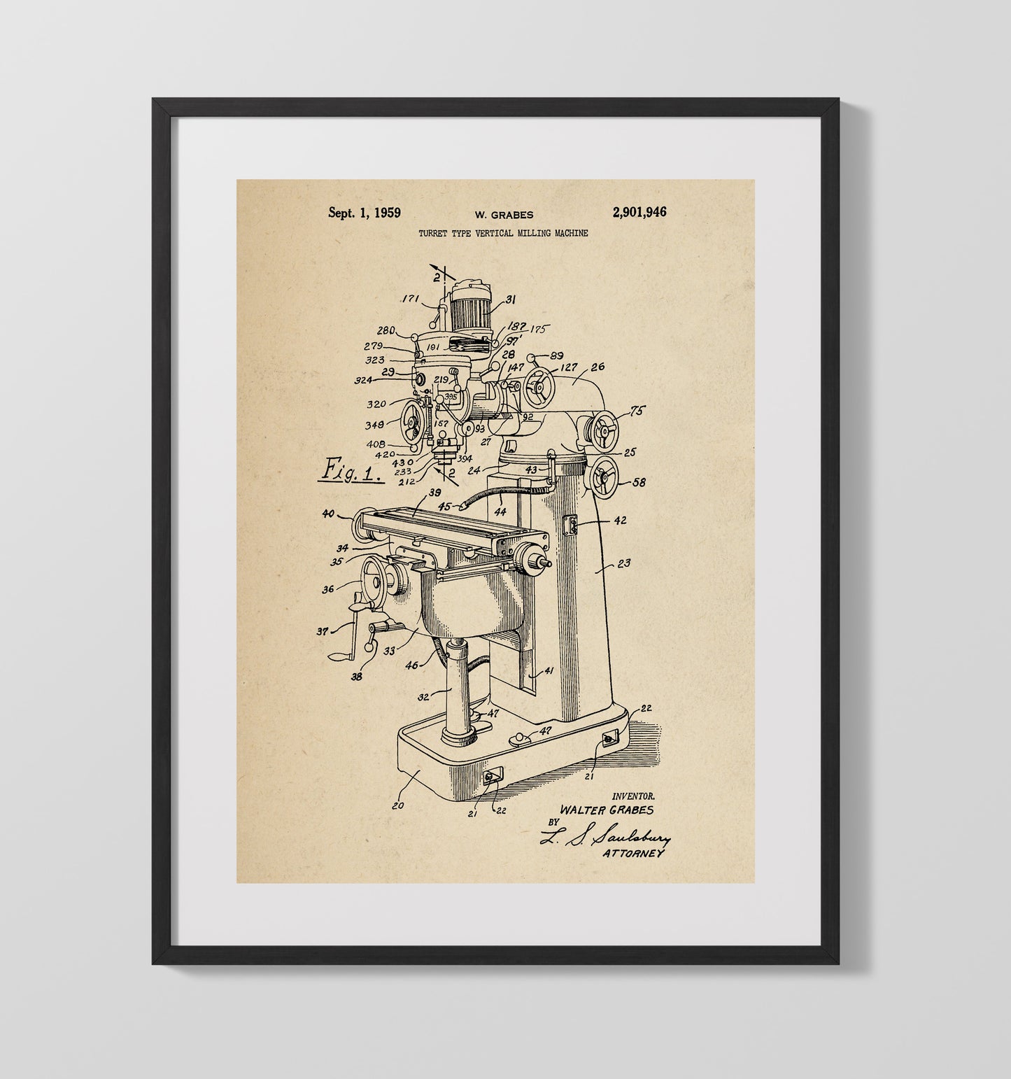 Patent Print - Turret Type Vertical Milling Machine - W. Grabes - 1959 - Patent 2901946 Patent Wall Art