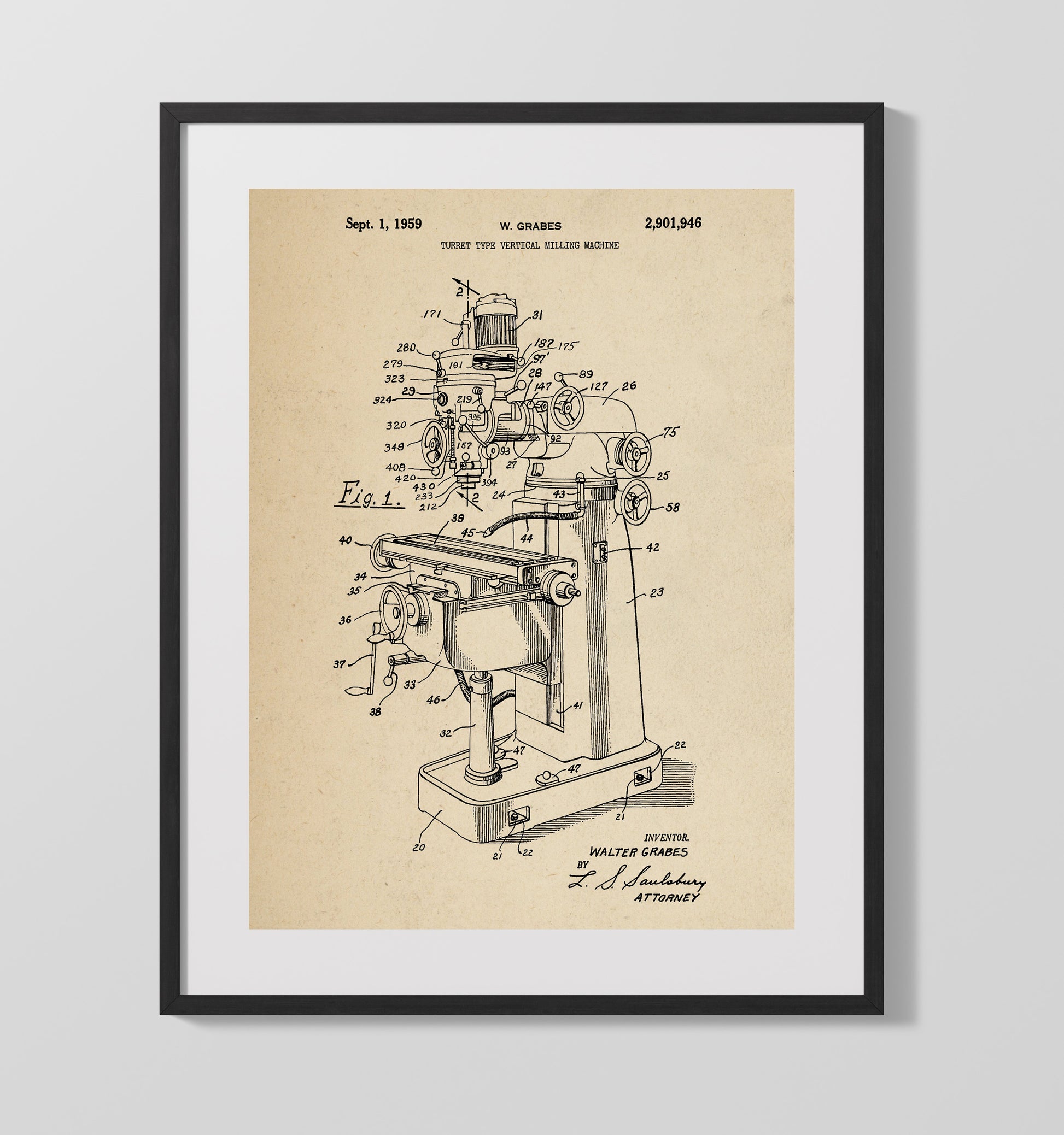 Patent Print - Turret Type Vertical Milling Machine - W. Grabes - 1959 - Patent 2901946 Patent Wall Art