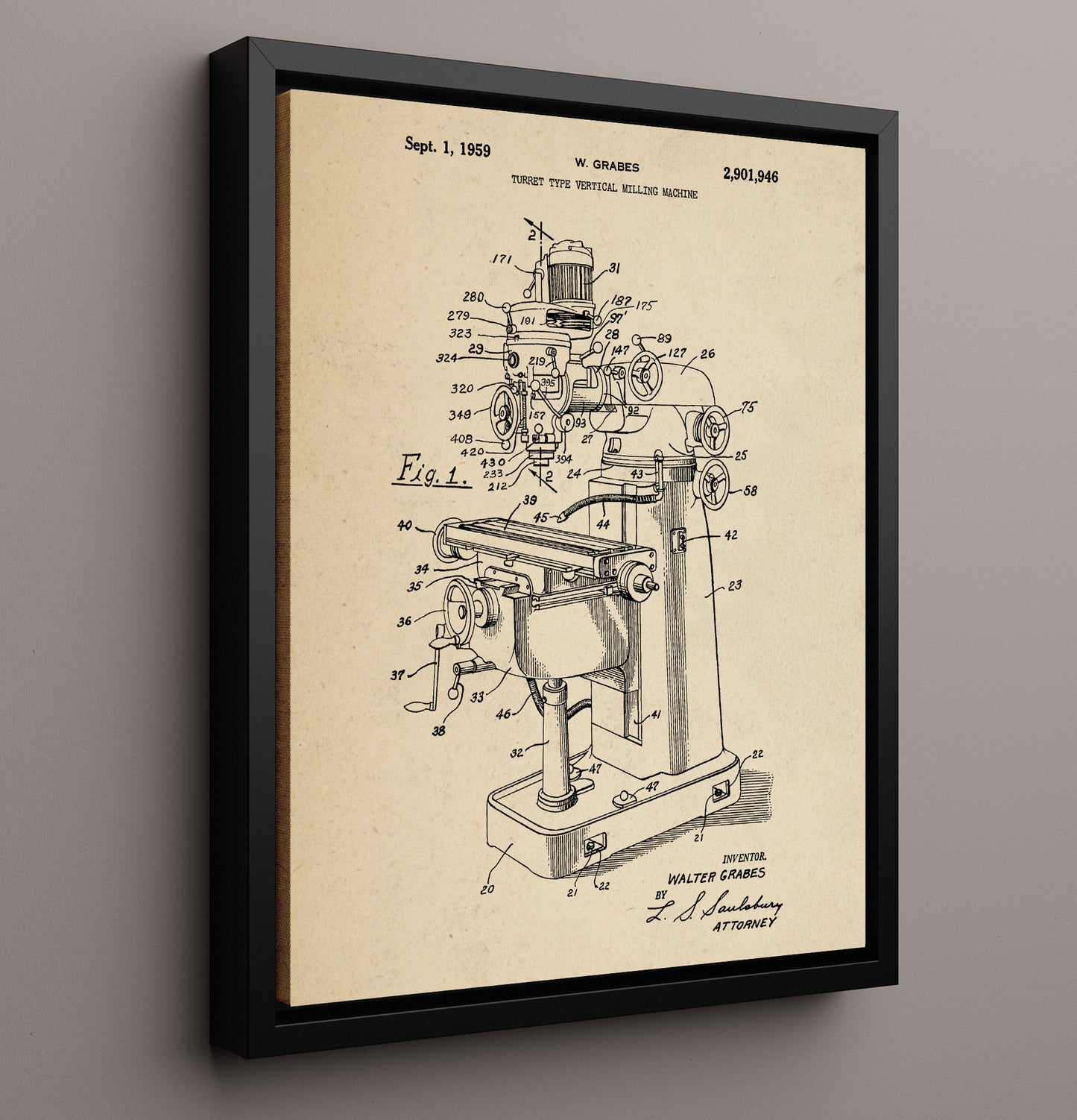 Patent Print - Turret Type Vertical Milling Machine - W. Grabes - 1959 - Patent 2901946 Patent Wall Art