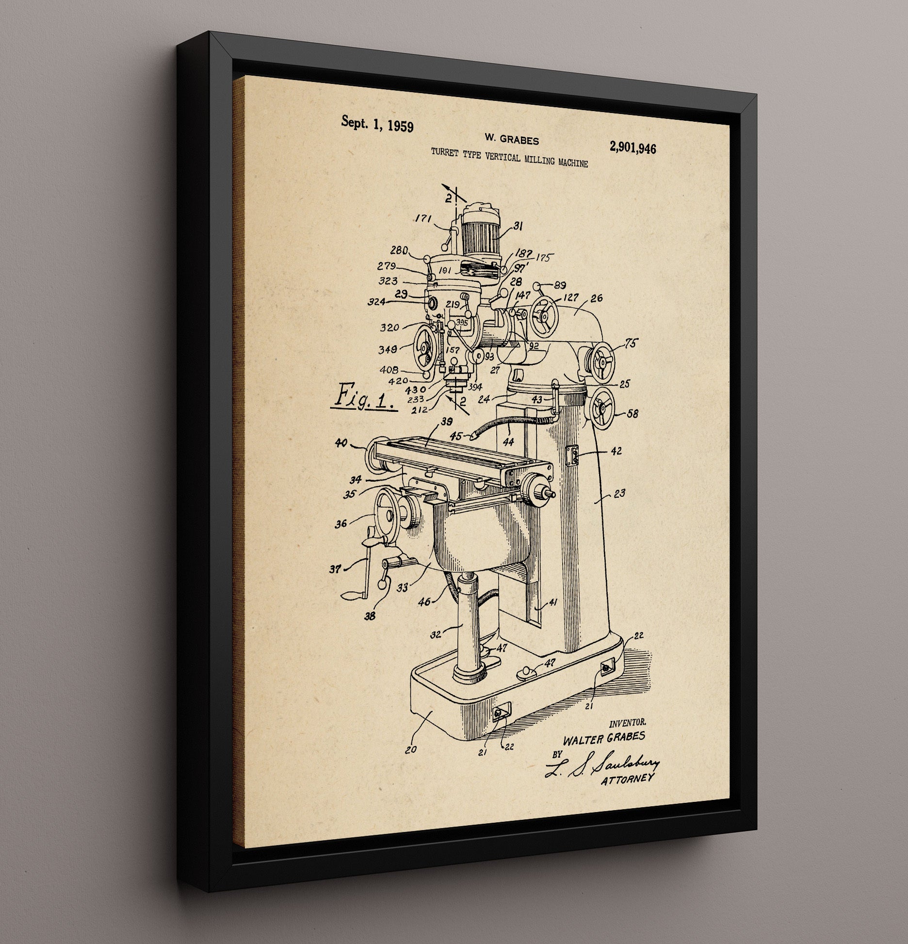 Patent Print - Turret Type Vertical Milling Machine - W. Grabes - 1959 - Patent 2901946 Patent Wall Art