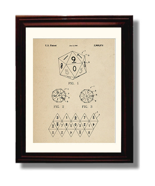 Patent Print - Twenty Sided Gaming Die - Unknown Inventor - 1999 - Patent 5909874 Patent Wall Art