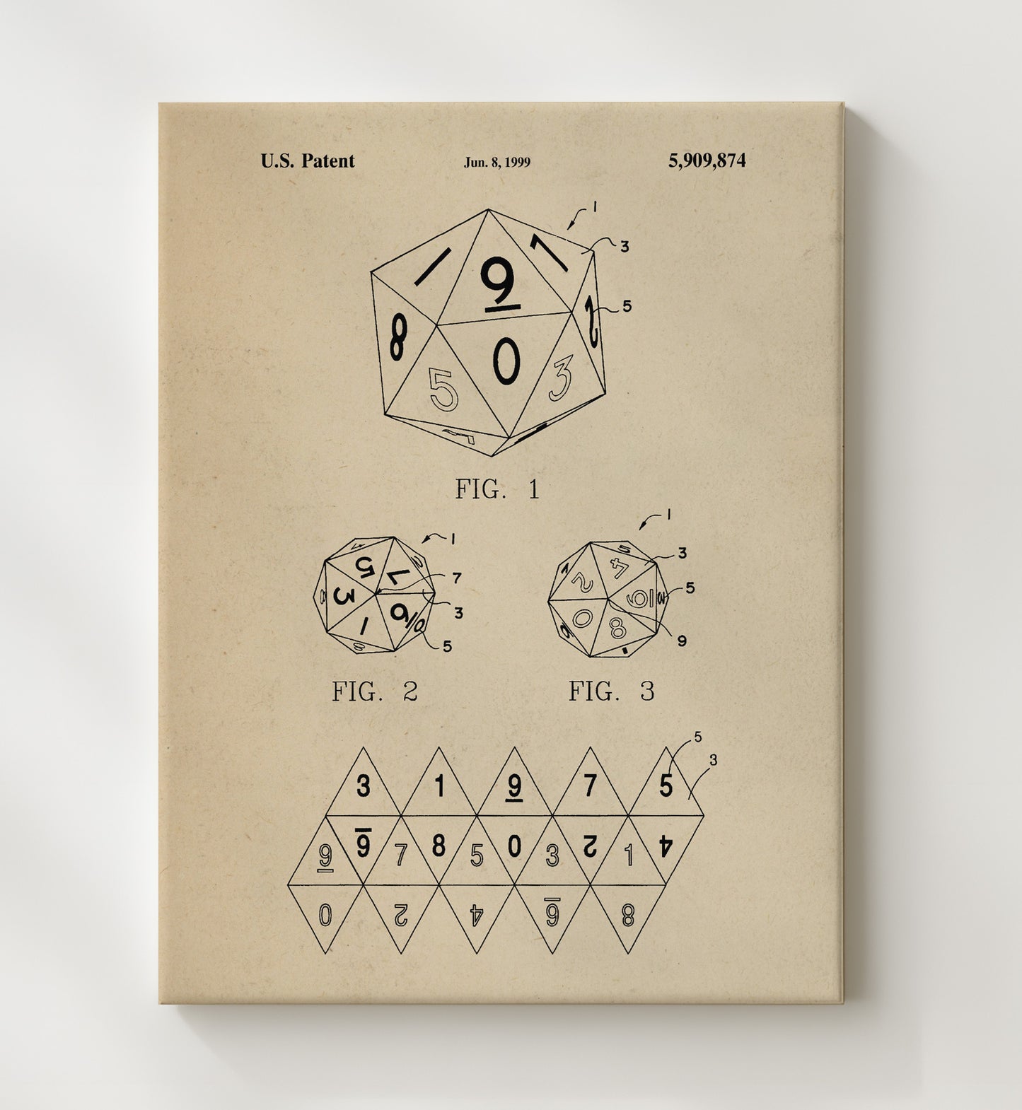 Patent Print - Twenty Sided Gaming Die - Unknown Inventor - 1999 - Patent 5909874 Patent Wall Art