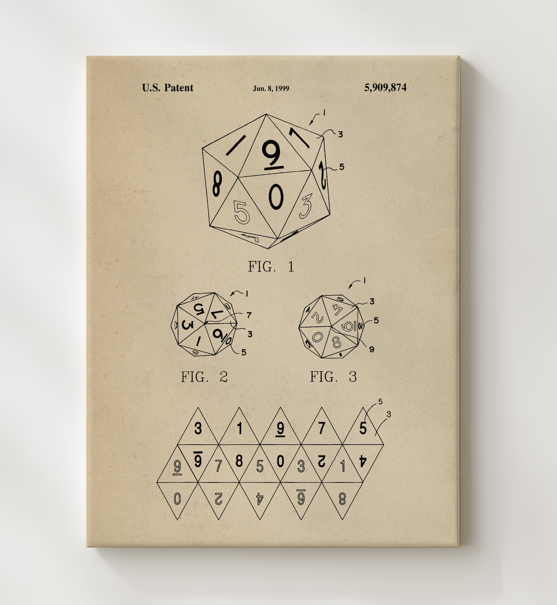Patent Print - Twenty Sided Gaming Die - Unknown Inventor - 1999 - Patent 5909874 Patent Wall Art