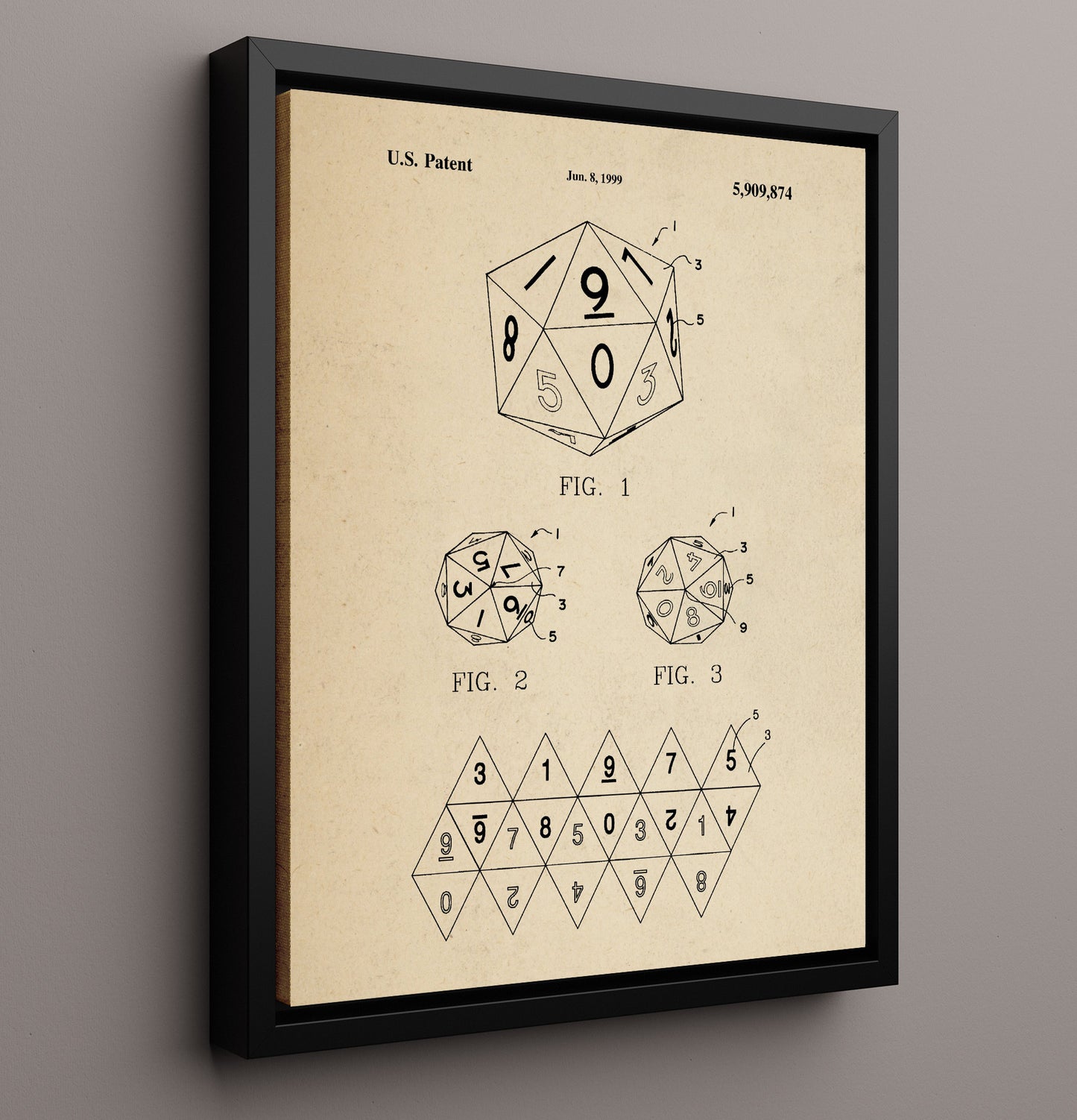 Patent Print - Twenty Sided Gaming Die - Unknown Inventor - 1999 - Patent 5909874 Patent Wall Art