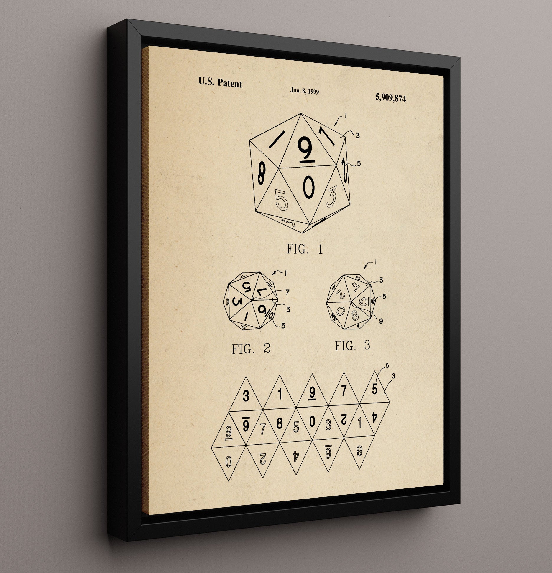 Patent Print - Twenty Sided Gaming Die - Unknown Inventor - 1999 - Patent 5909874 Patent Wall Art