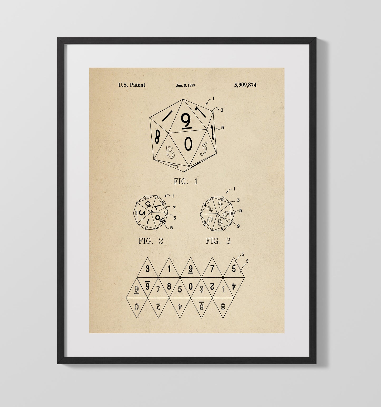 Patent Print - Twenty Sided Gaming Die - Unknown Inventor - 1999 - Patent 5909874 Patent Wall Art