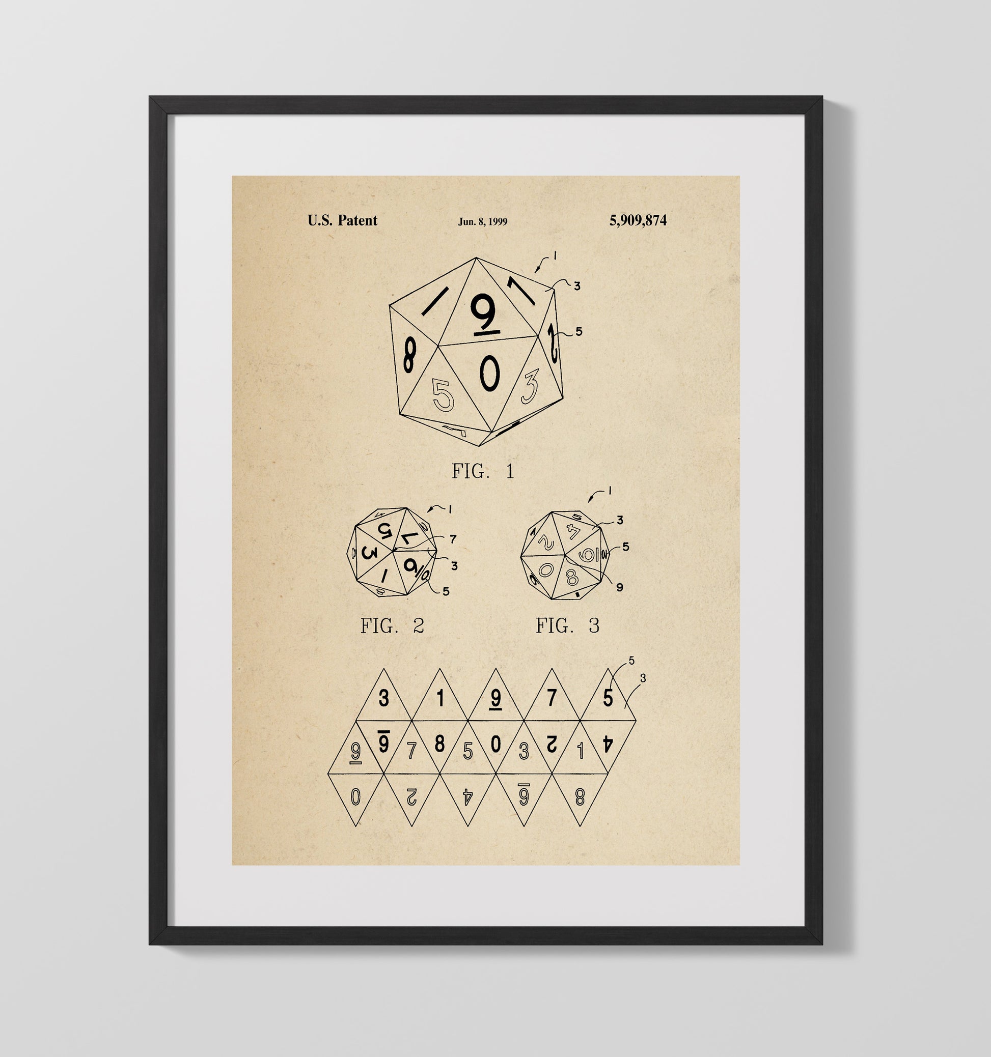 Patent Print - Twenty Sided Gaming Die - Unknown Inventor - 1999 - Patent 5909874 Patent Wall Art
