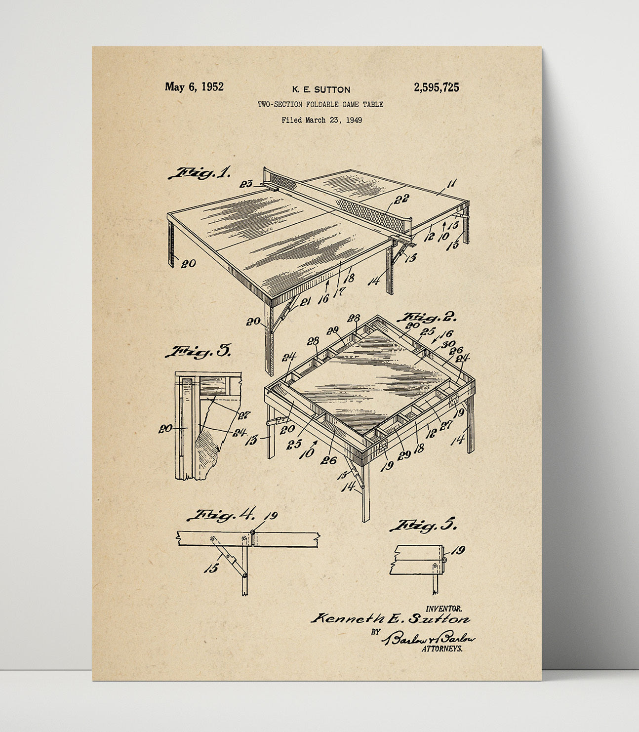 Patent Print - Two-Section Foldable Game Table - K E Sutton - 1952 - Patent 2595725 Patent Wall Art