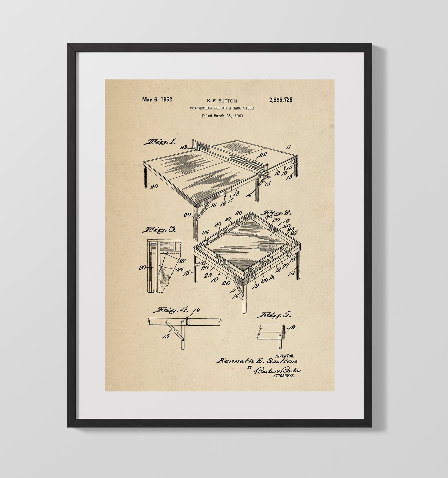 Patent Print - Two-Section Foldable Game Table - K E Sutton - 1952 - Patent 2595725 Patent Wall Art