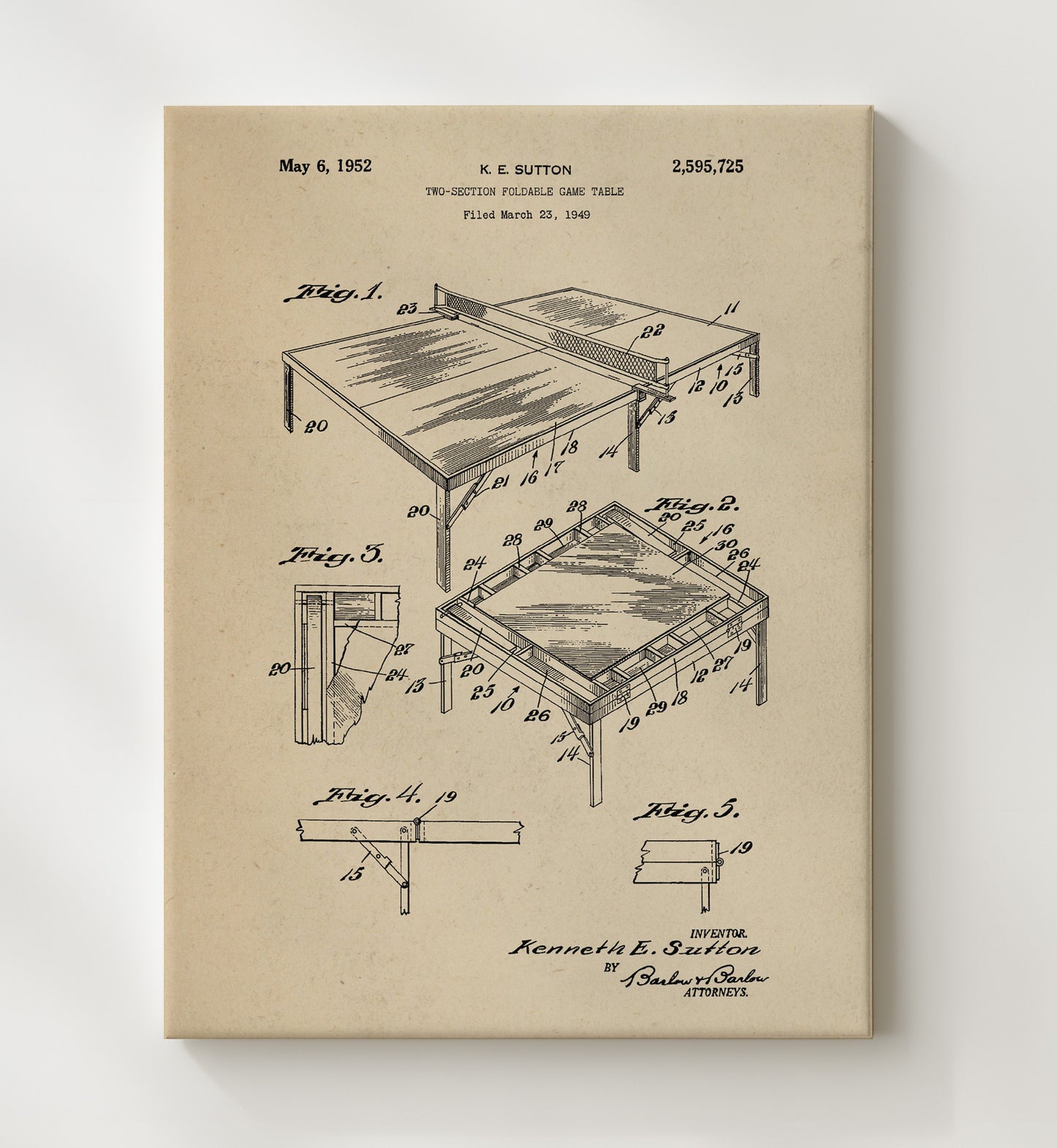 Patent Print - Two-Section Foldable Game Table - K E Sutton - 1952 - Patent 2595725 Patent Wall Art