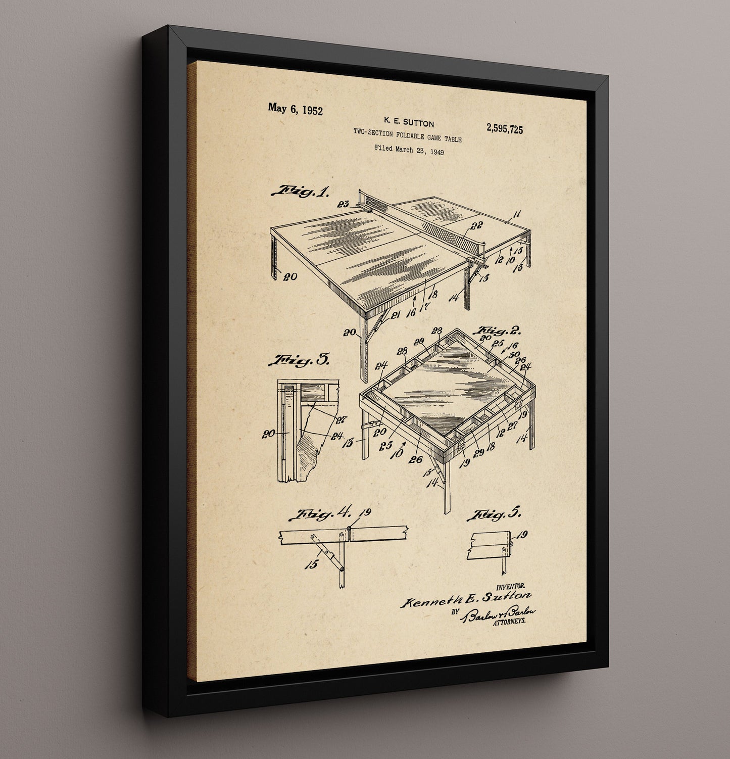Patent Print - Two-Section Foldable Game Table - K E Sutton - 1952 - Patent 2595725 Patent Wall Art