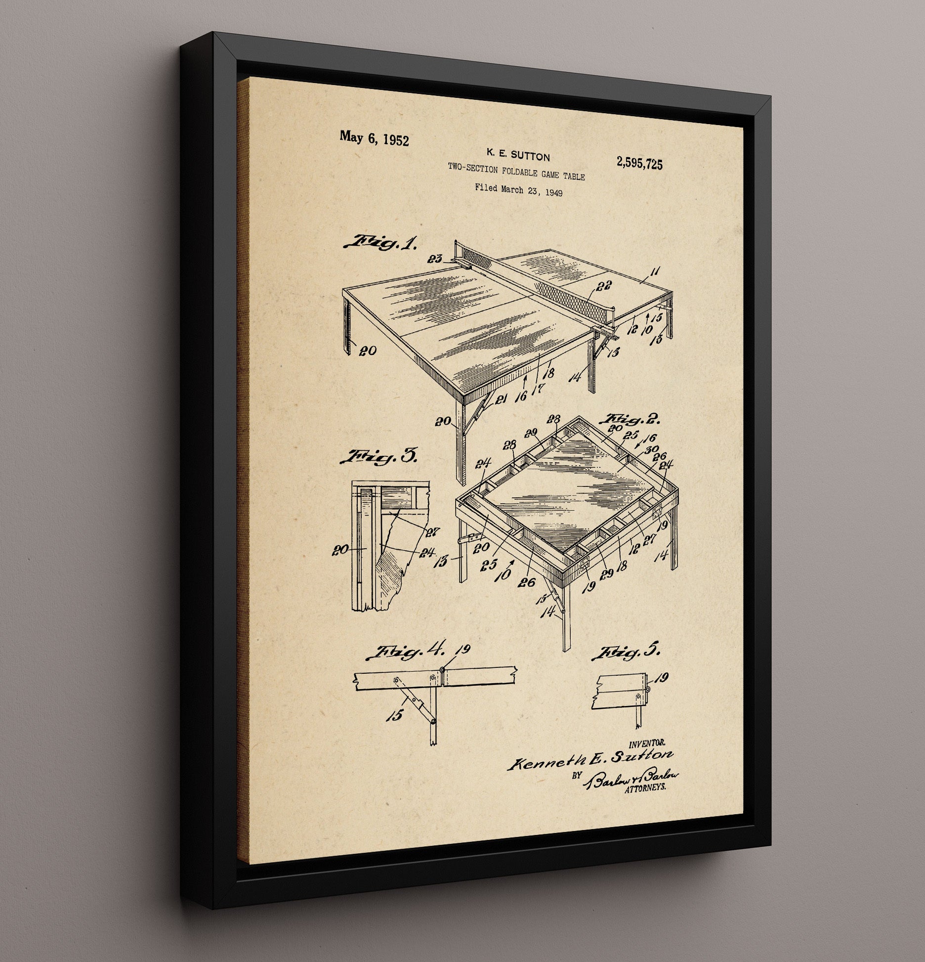 Patent Print - Two-Section Foldable Game Table - K E Sutton - 1952 - Patent 2595725 Patent Wall Art