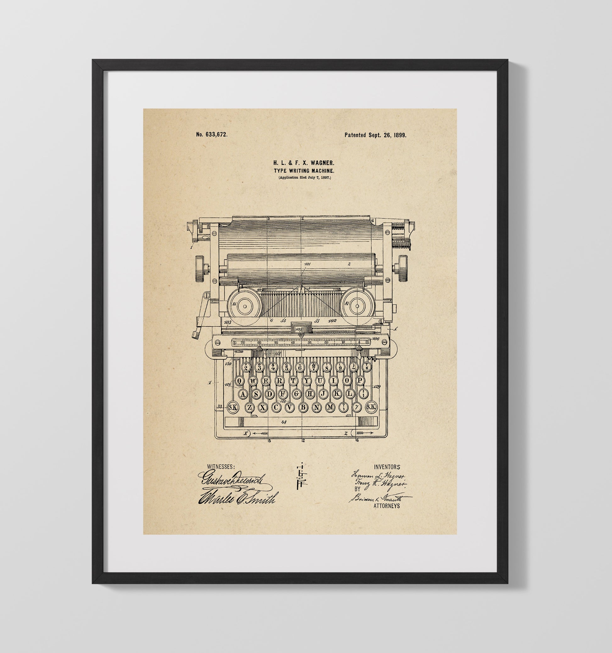 Patent Print - Type Writing Machine - Hermann L. Wagner And Franz H. Wagner - 1899 - Patent 633672 Patent Wall Art