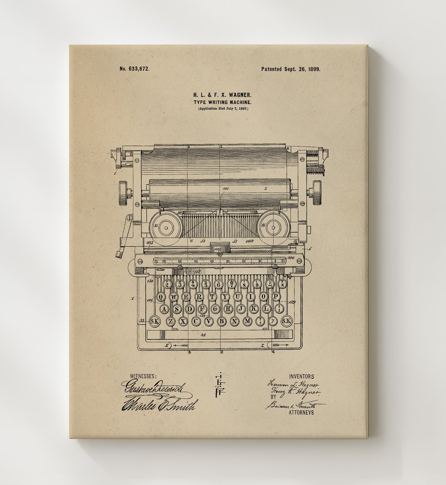 Patent Print - Type Writing Machine - Hermann L. Wagner And Franz H. Wagner - 1899 - Patent 633672 Patent Wall Art