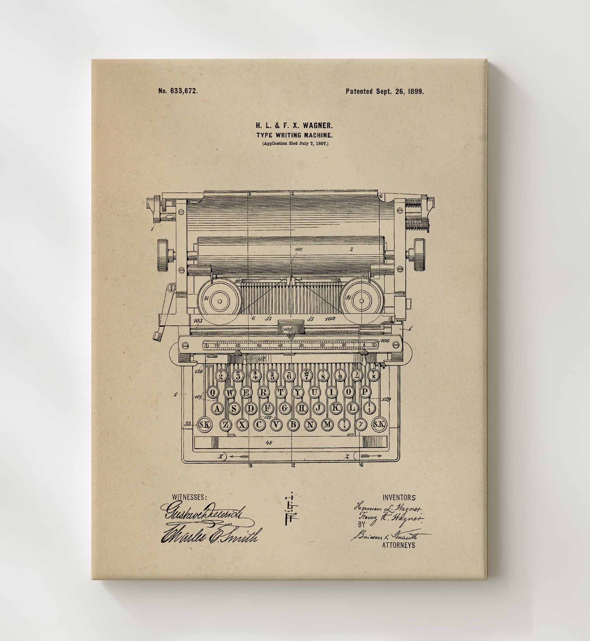 Patent Print - Type Writing Machine - Hermann L. Wagner And Franz H. Wagner - 1899 - Patent 633672 Patent Wall Art