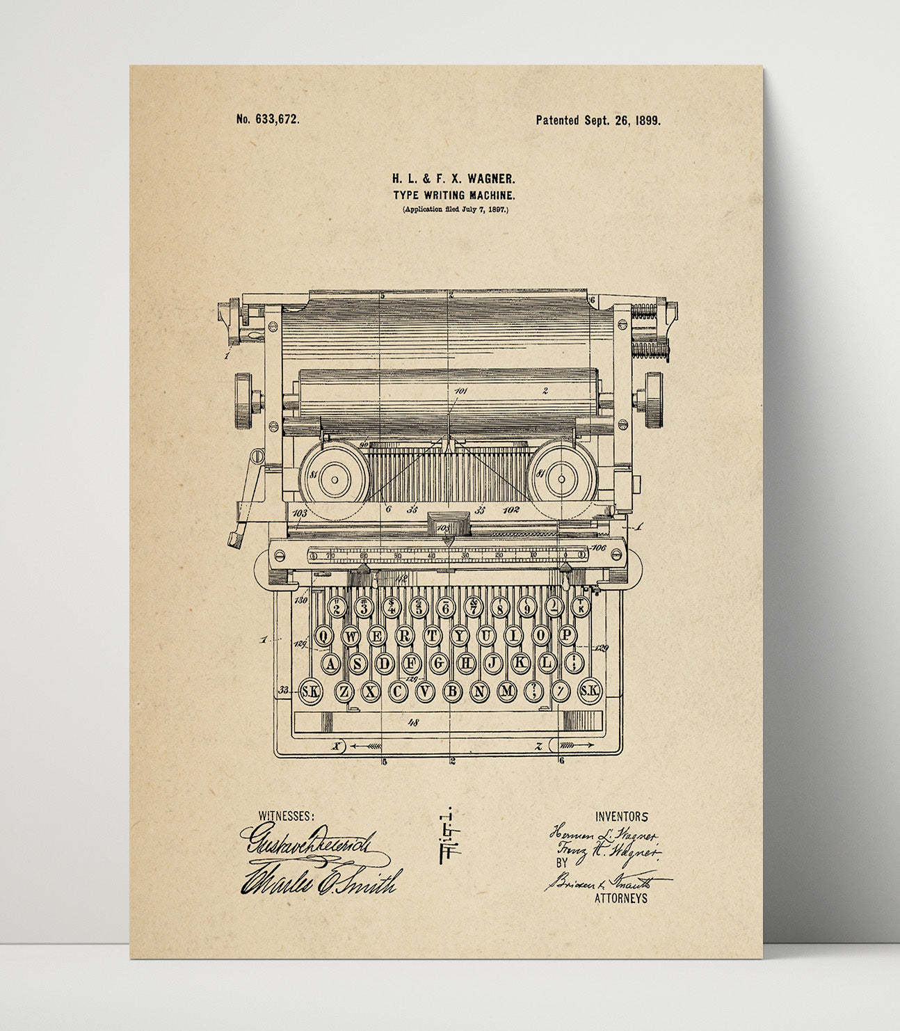 Patent Print - Type Writing Machine - Hermann L. Wagner And Franz H. Wagner - 1899 - Patent 633672 Patent Wall Art