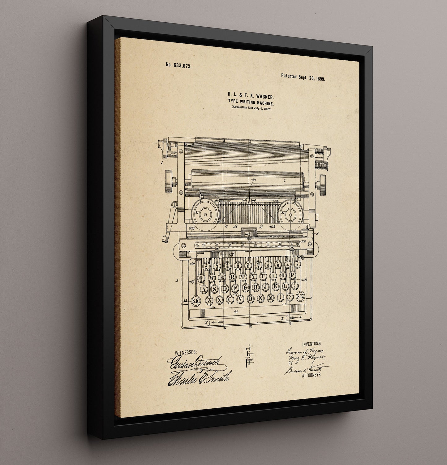 Patent Print - Type Writing Machine - Hermann L. Wagner And Franz H. Wagner - 1899 - Patent 633672 Patent Wall Art