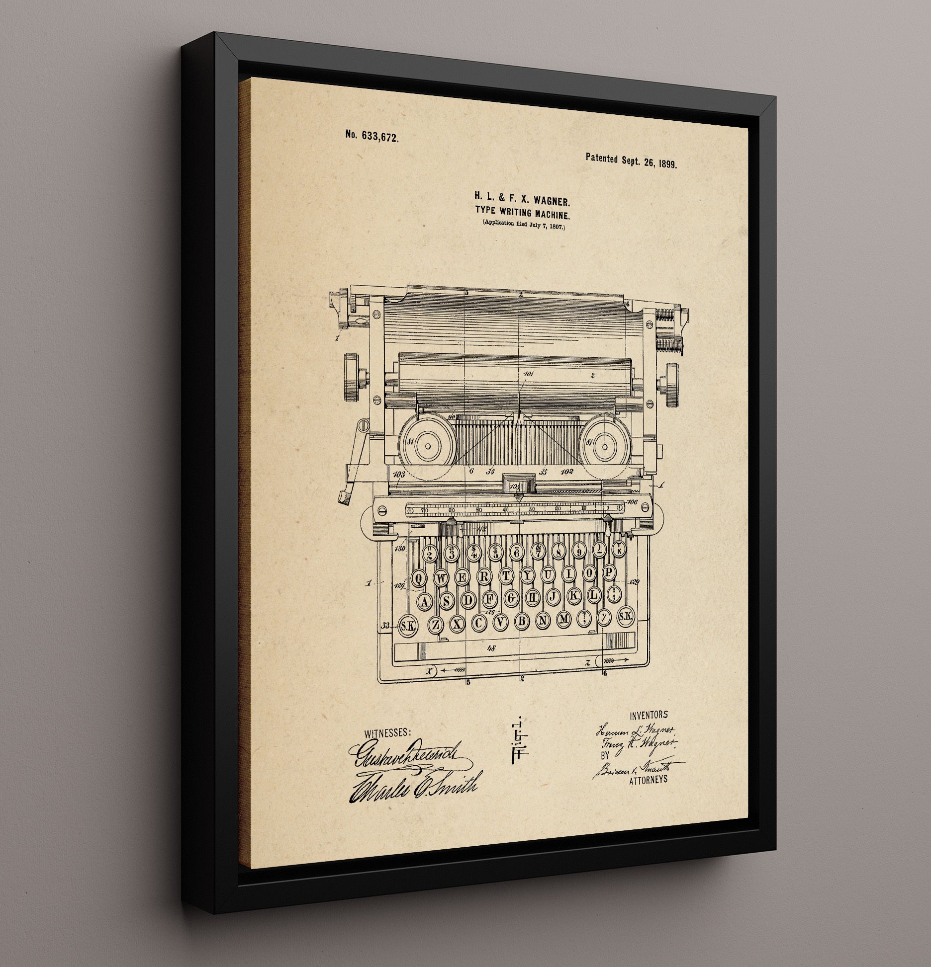 Patent Print - Type Writing Machine - Hermann L. Wagner And Franz H. Wagner - 1899 - Patent 633672 Patent Wall Art