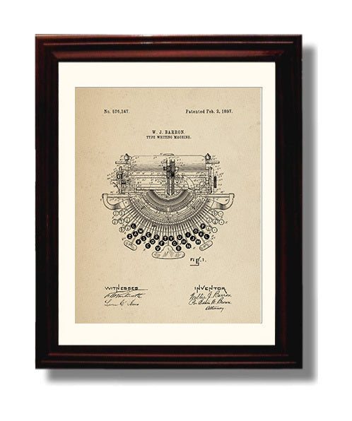 Patent Print - Type Writing Machine - Walter J. Barron - 1897 - Patent 576247 Patent Wall Art