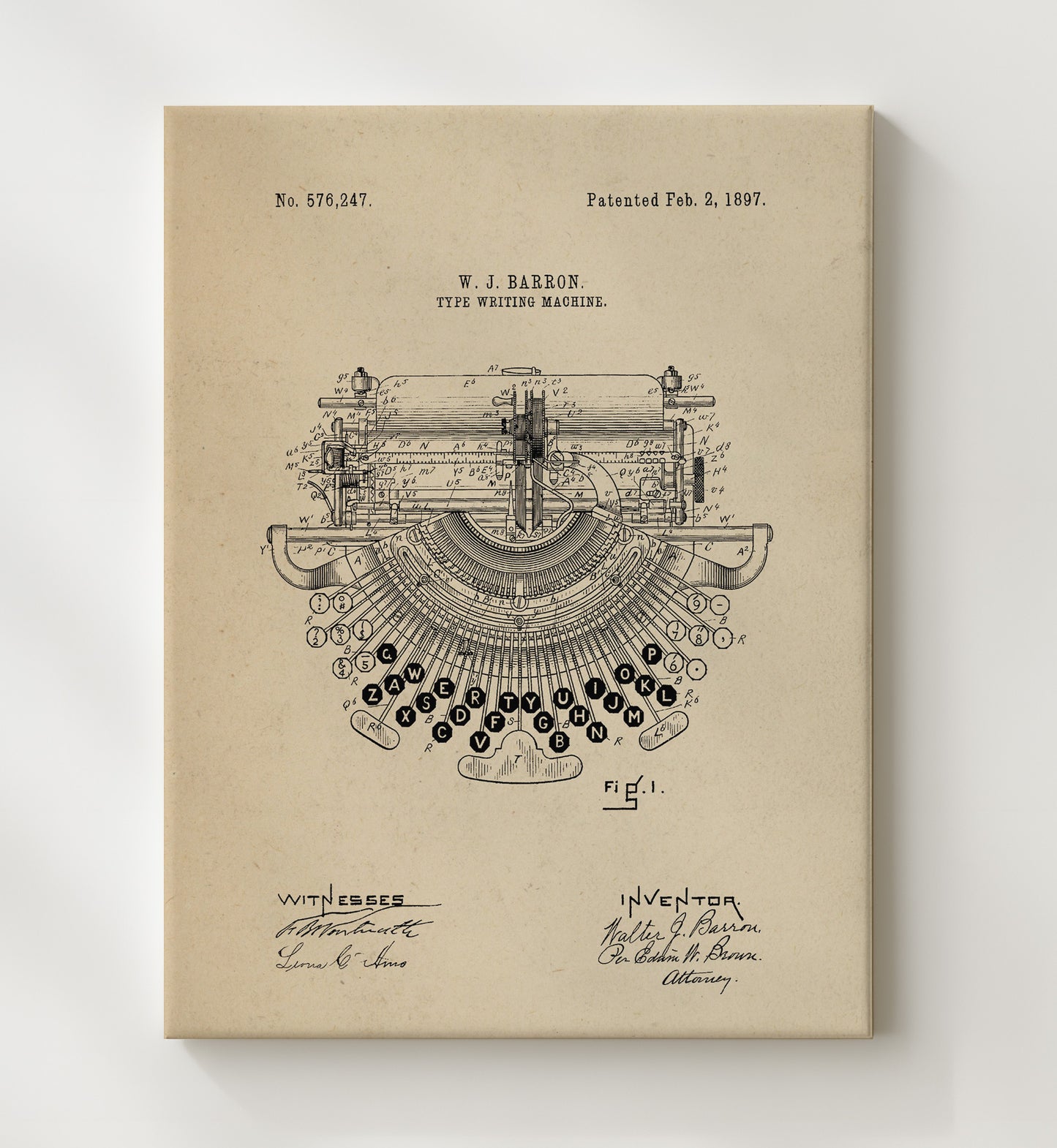 Patent Print - Type Writing Machine - Walter J. Barron - 1897 - Patent 576247 Patent Wall Art