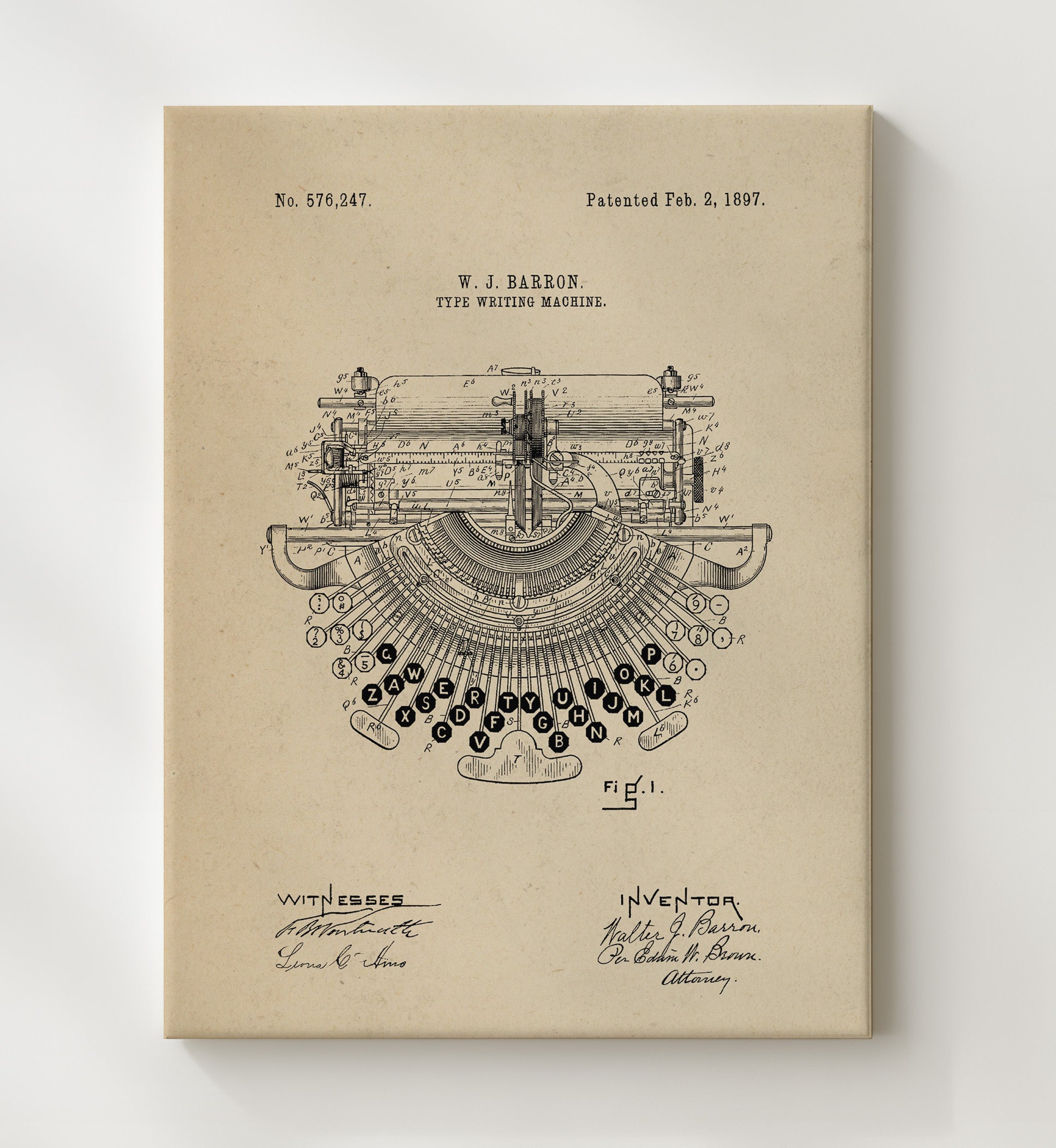 Patent Print - Type Writing Machine - Walter J. Barron - 1897 - Patent 576247 Patent Wall Art