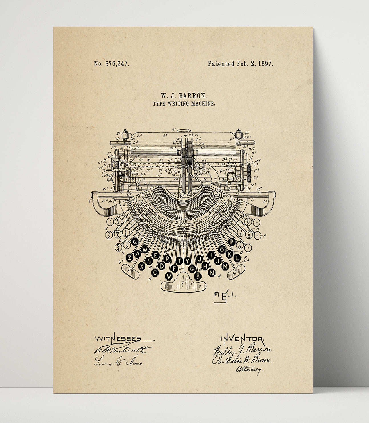 Patent Print - Type Writing Machine - Walter J. Barron - 1897 - Patent 576247 Patent Wall Art