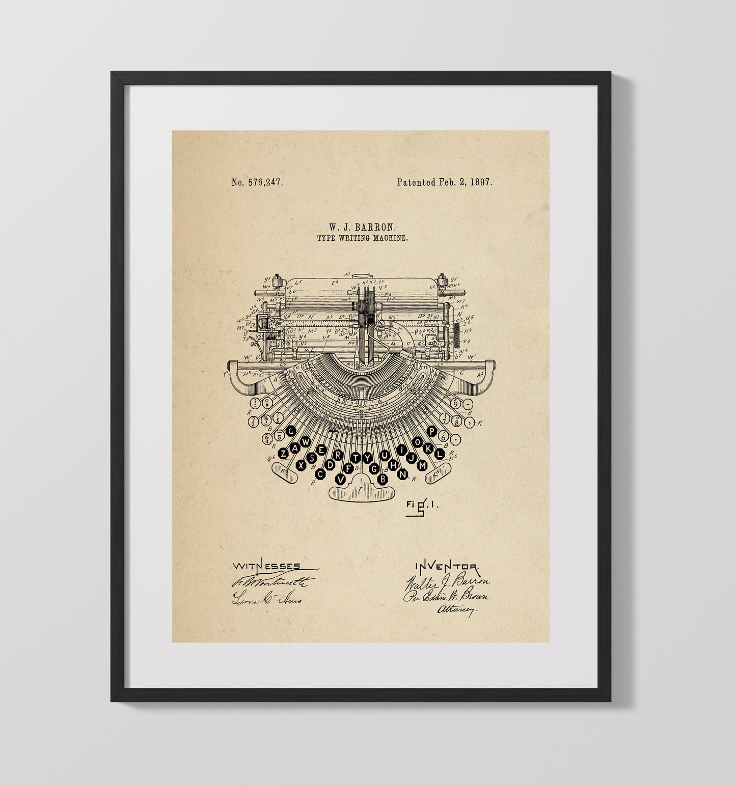 Patent Print - Type Writing Machine - Walter J. Barron - 1897 - Patent 576247 Patent Wall Art